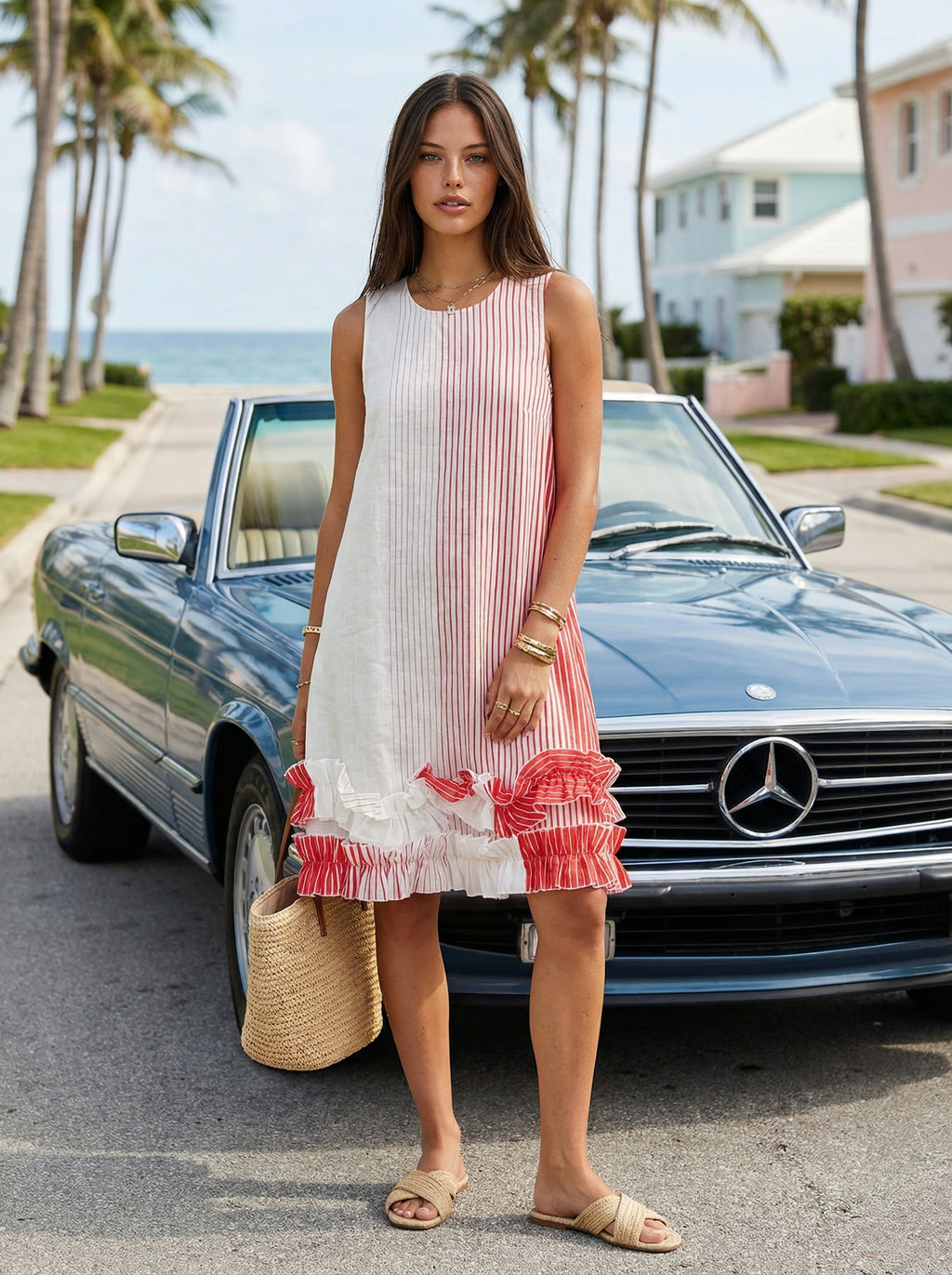 Midi Striped Coral Red Linen Dress with Ruffled Hem