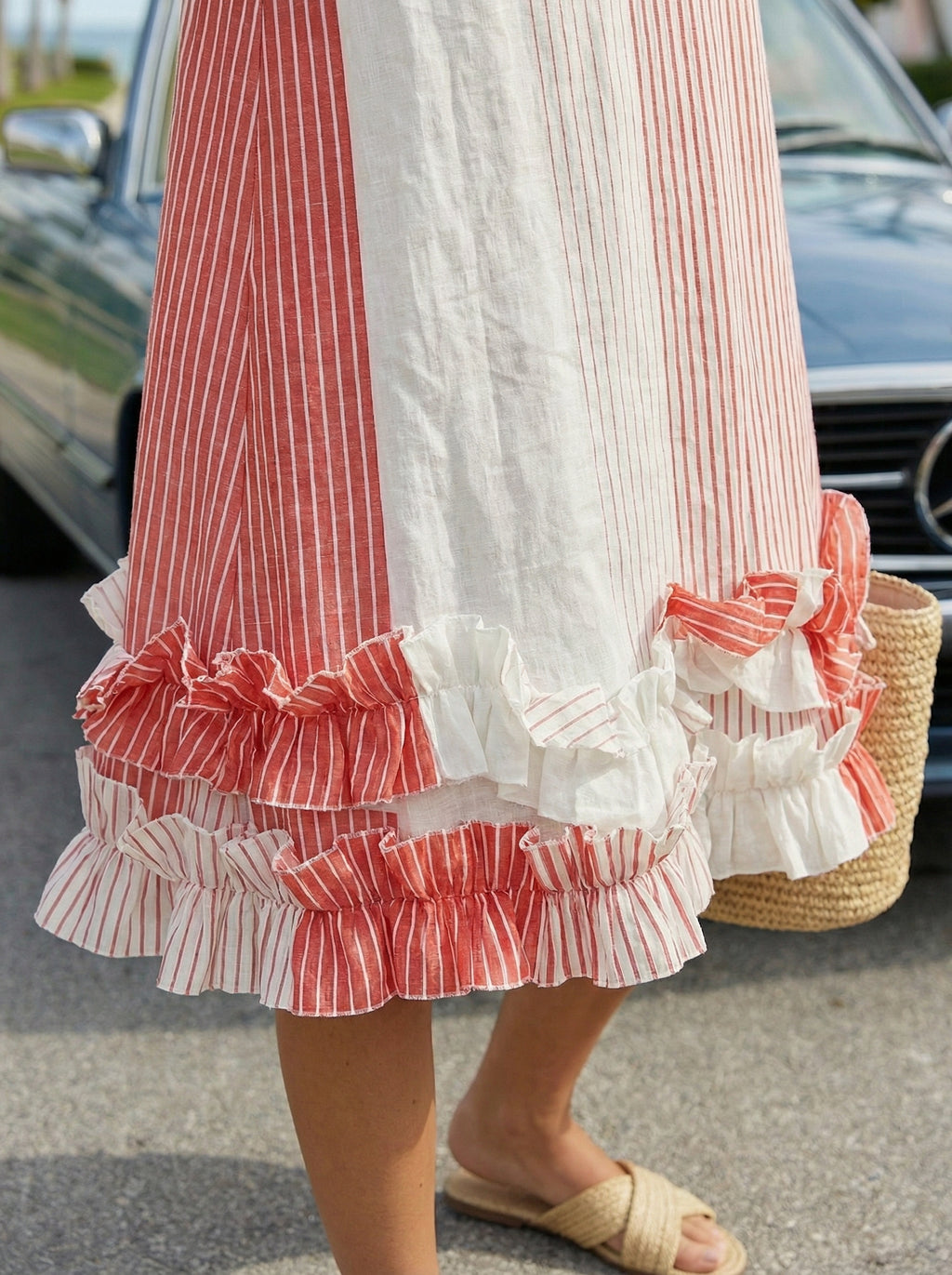 Midi Striped Coral Red Linen Dress with Ruffled Hem