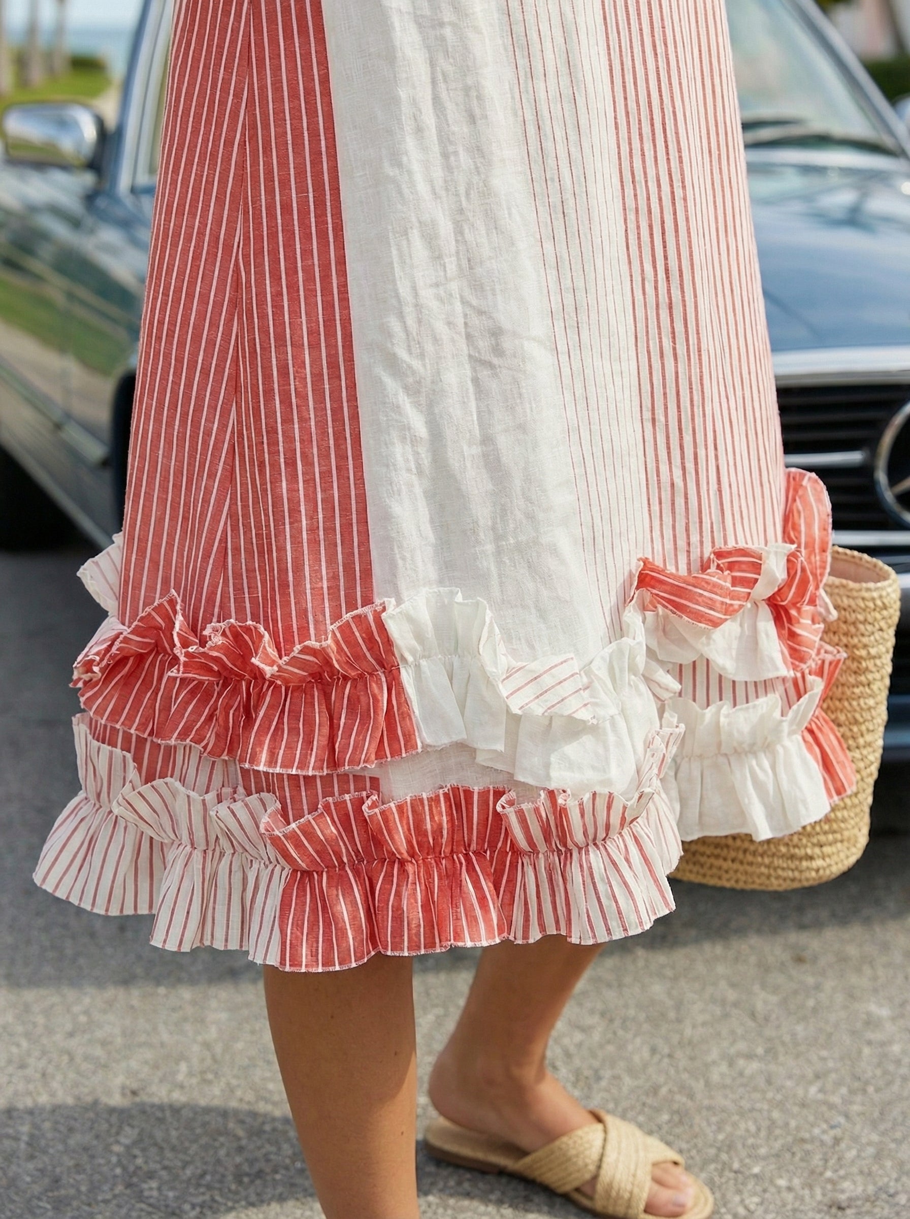 Midi Striped Coral Red Linen Dress with Ruffled Hem
