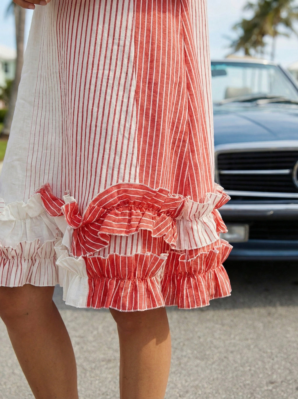 Midi Striped Coral Red Linen Dress with Ruffled Hem