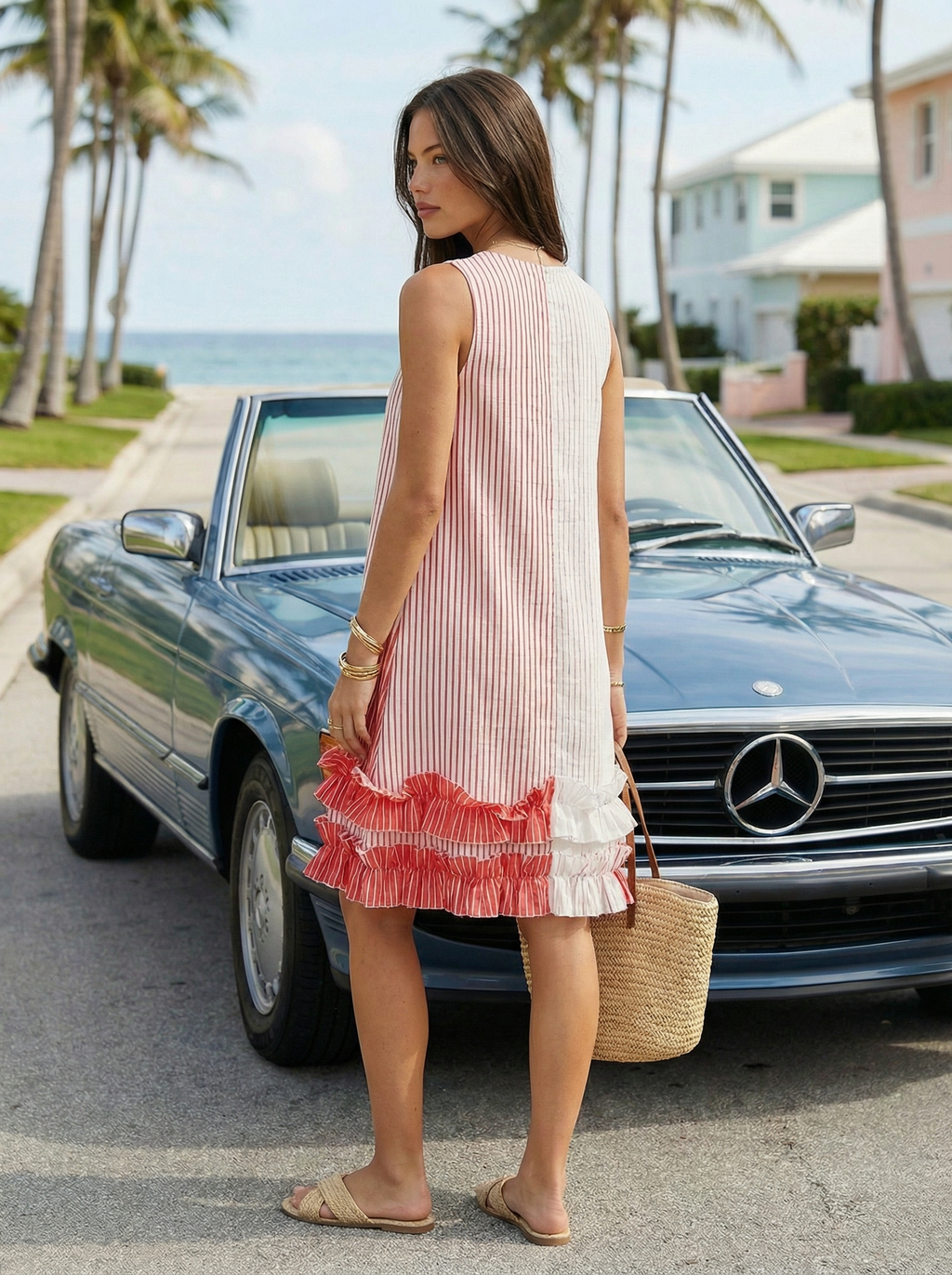 Midi Striped Coral Red Linen Dress with Ruffled Hem