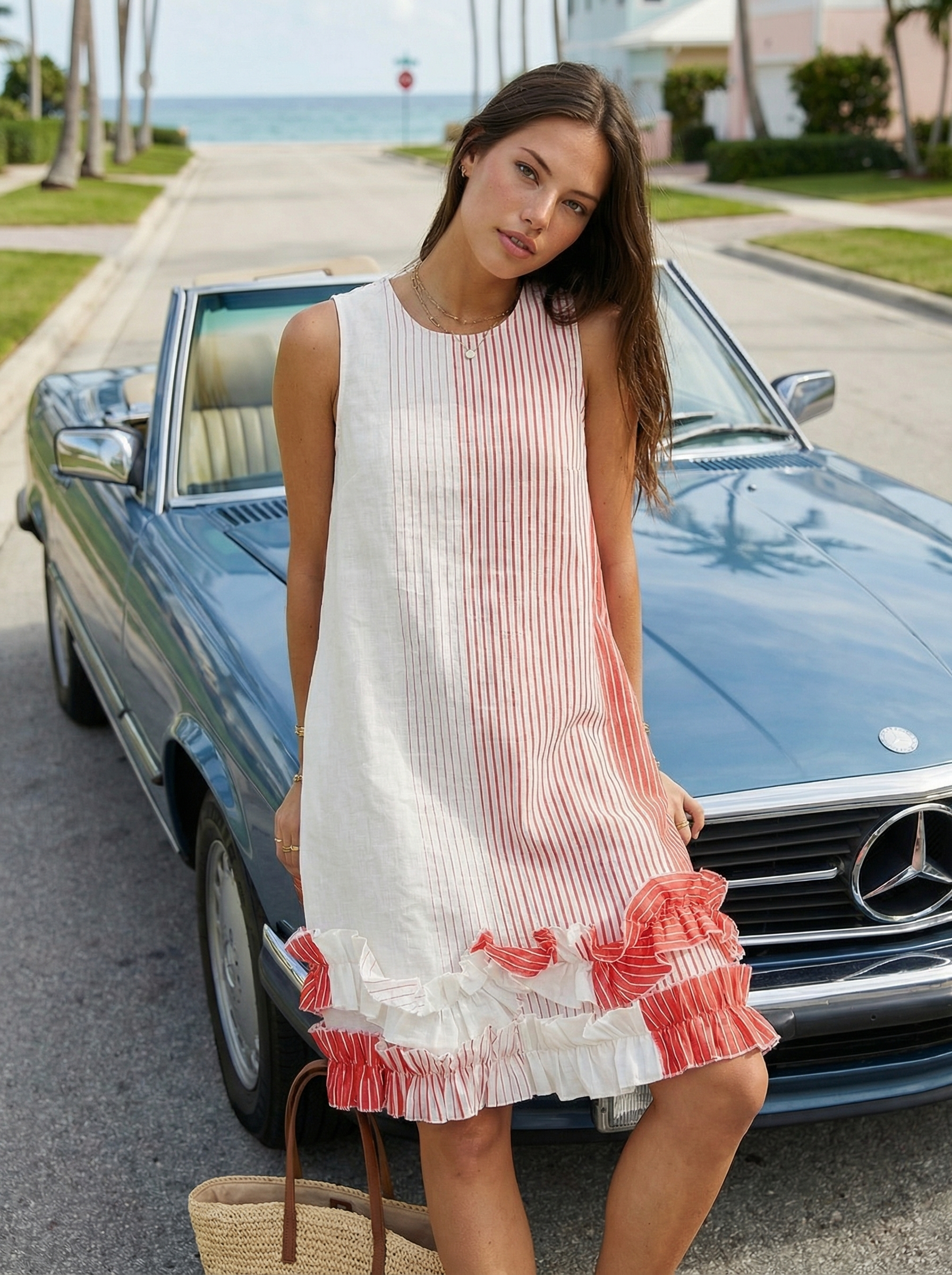 Midi Striped Light Blue Turquoise Linen Dress with Ruffled Hem