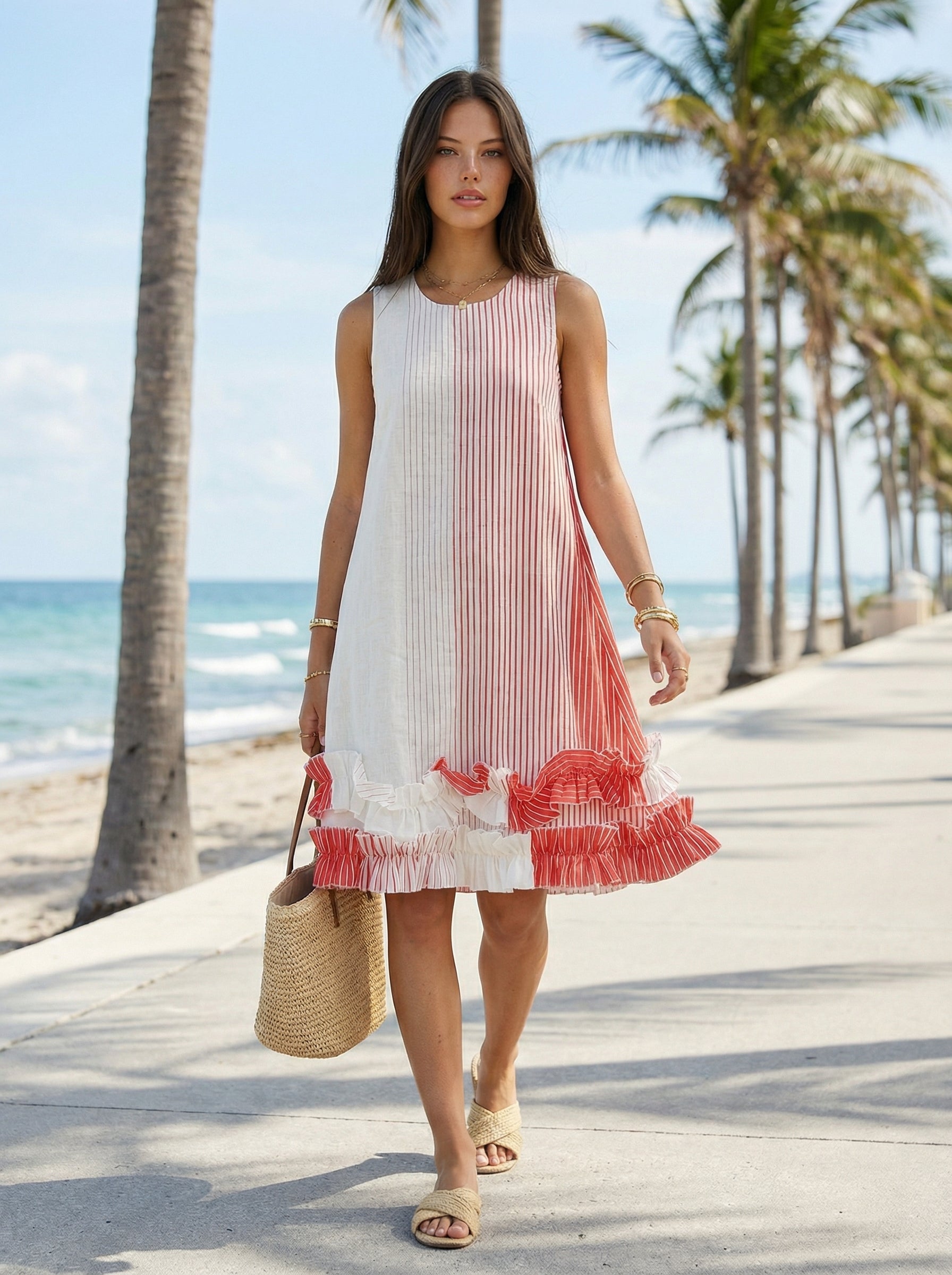 Midi Striped Coral Red Linen Dress with Ruffled Hem