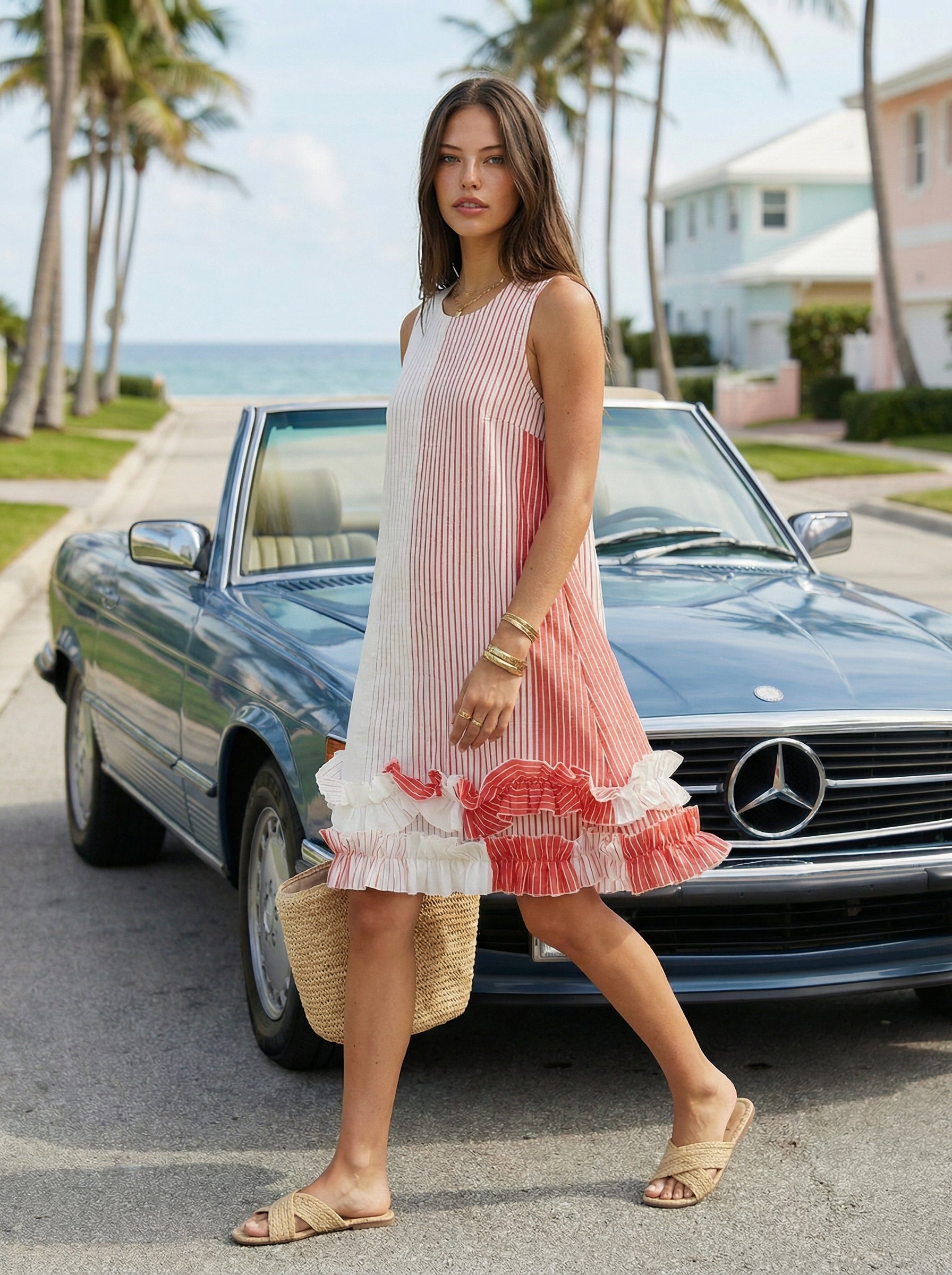 Midi Striped Coral Red Linen Dress with Ruffled Hem