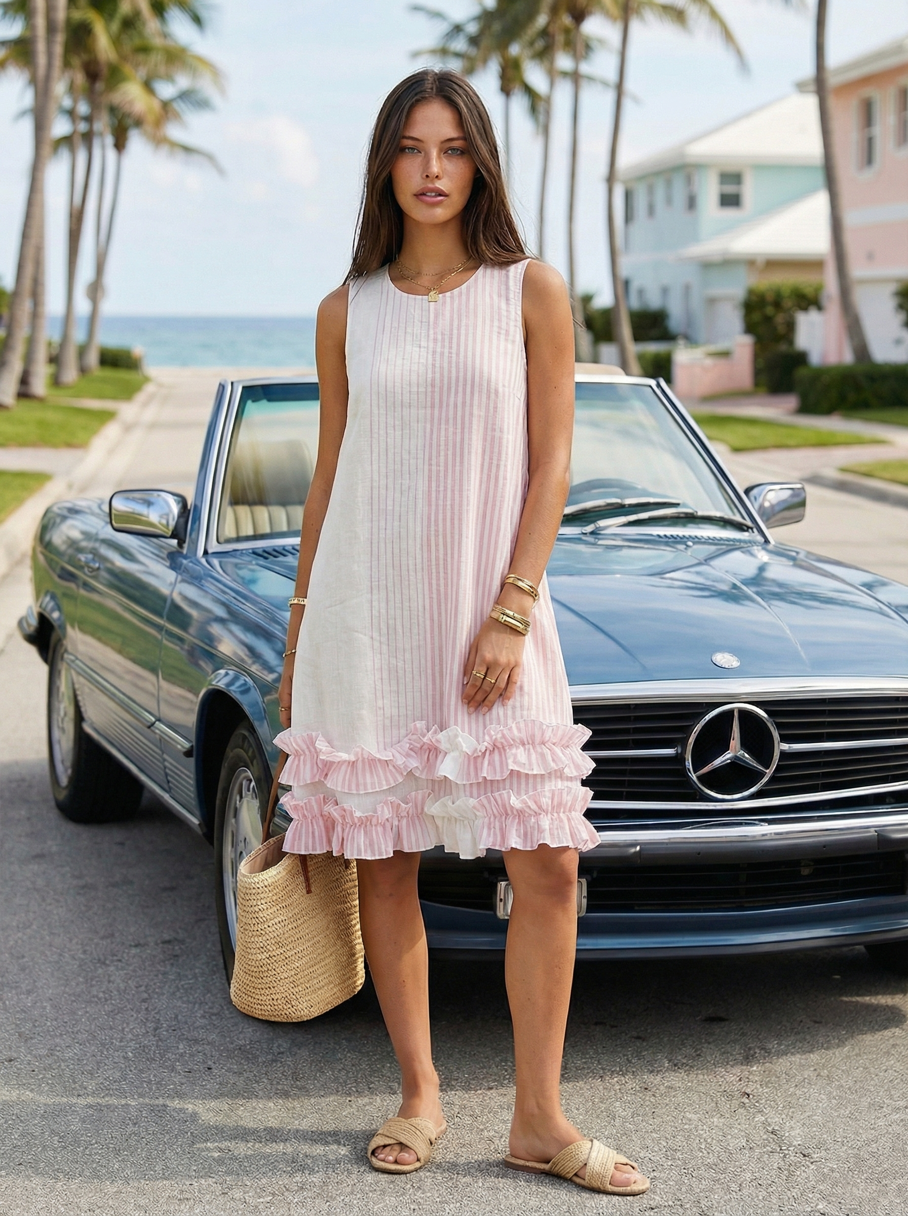 Midi Striped Coral Red Linen Dress with Ruffled Hem