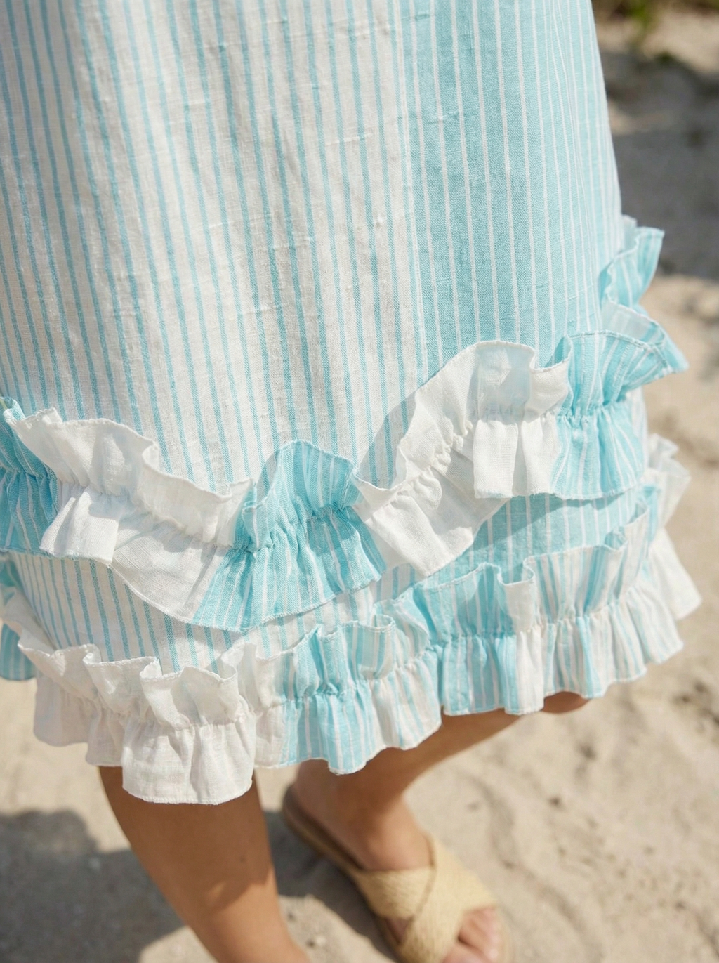 Midi Striped Light Blue Turquoise Linen Dress with Ruffled Hem