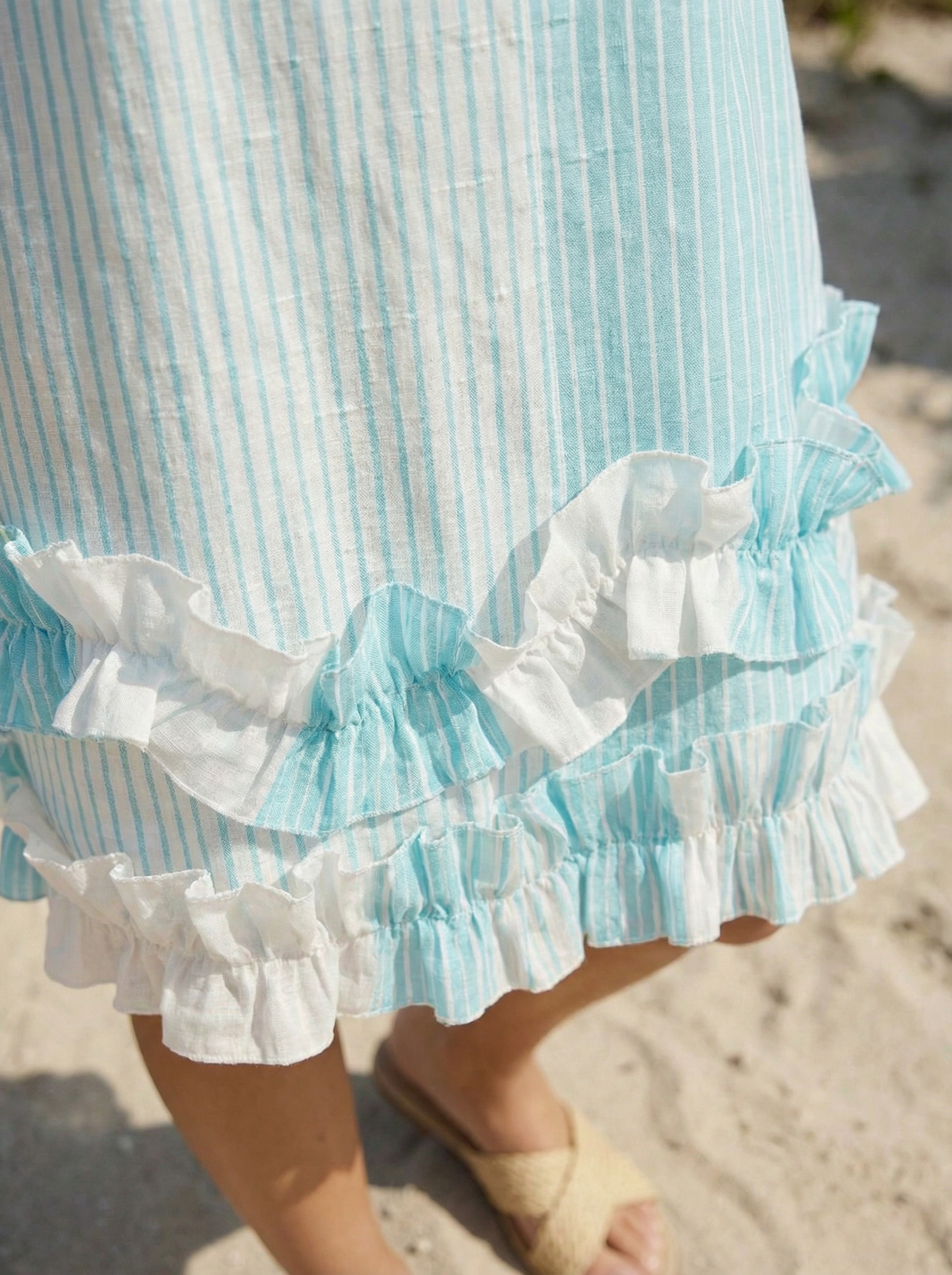 Midi Striped Light Blue Turquoise Linen Dress with Ruffled Hem