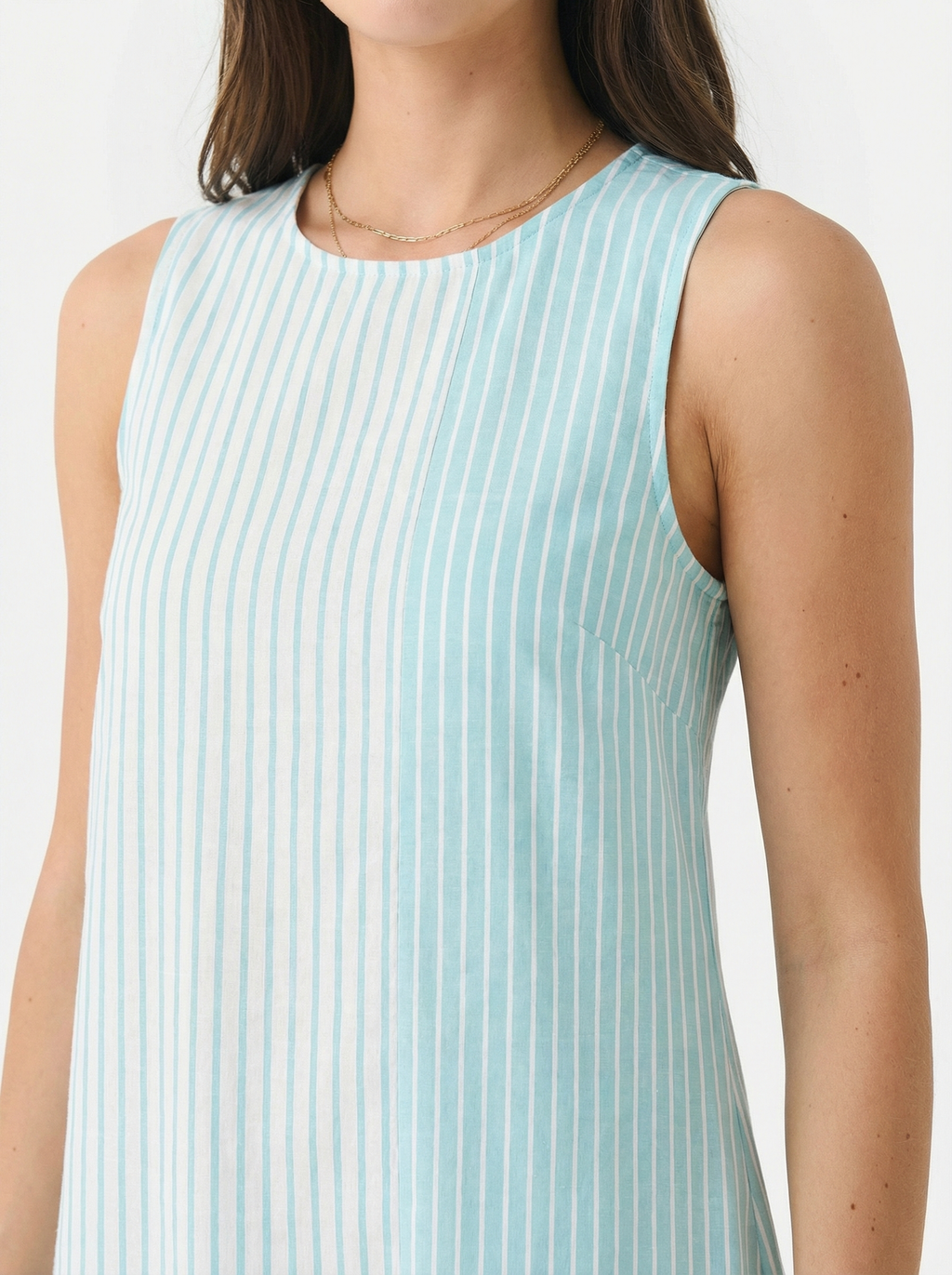 Midi Striped Light Blue Turquoise Linen Dress with Ruffled Hem