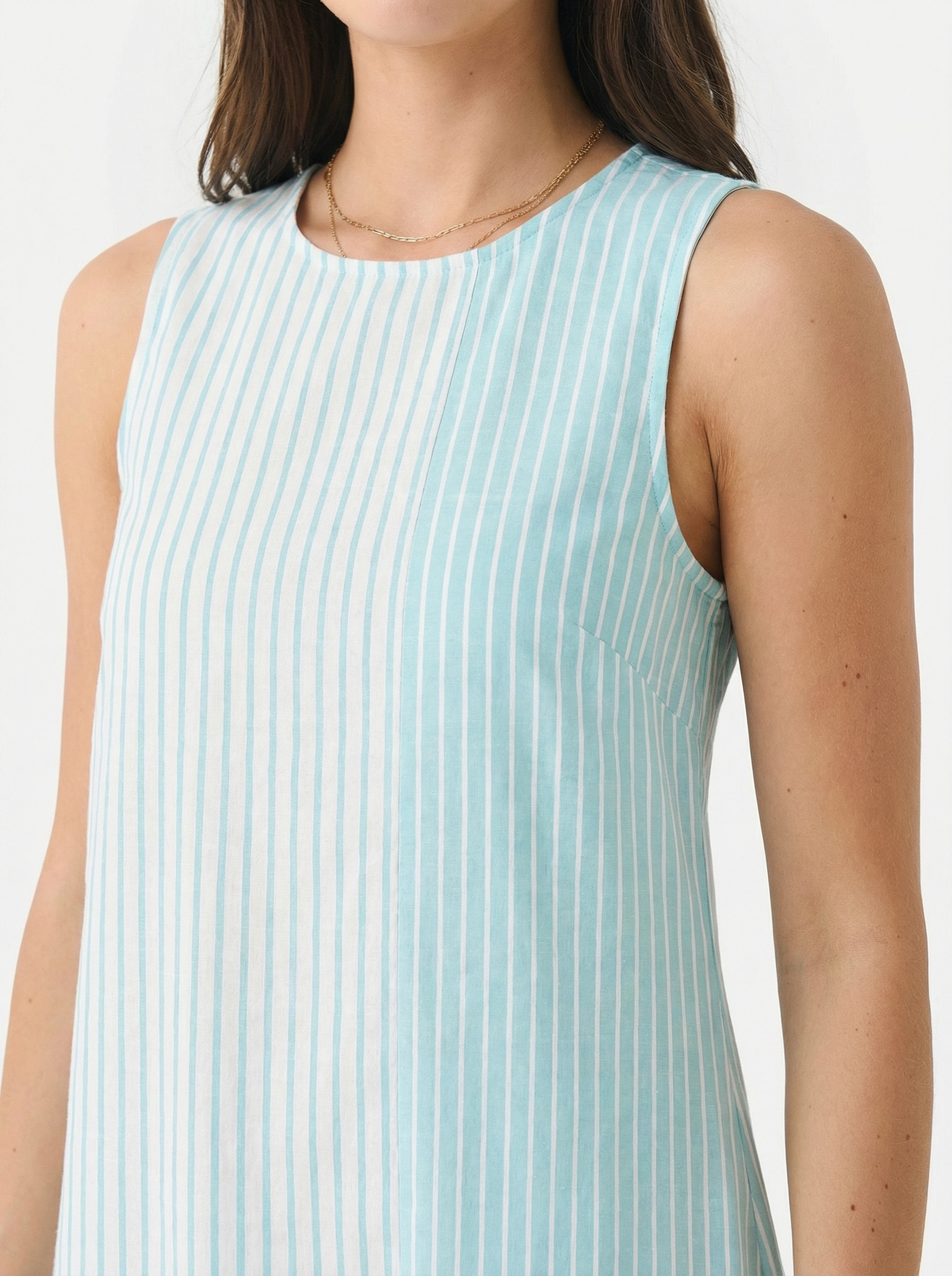 Midi Striped Light Blue Turquoise Linen Dress with Ruffled Hem