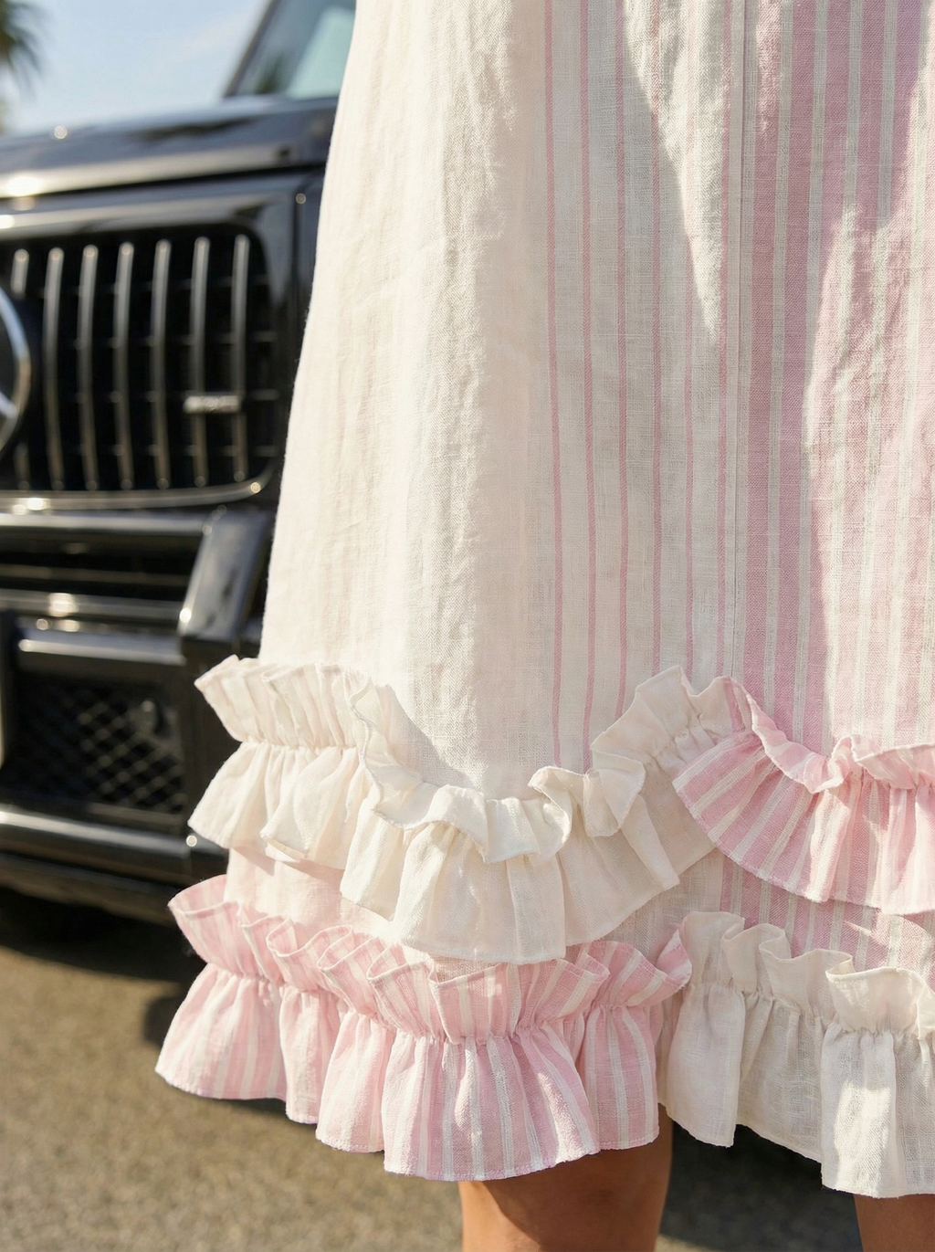 Midi Striped Pink Linen Dress with Ruffled Hem