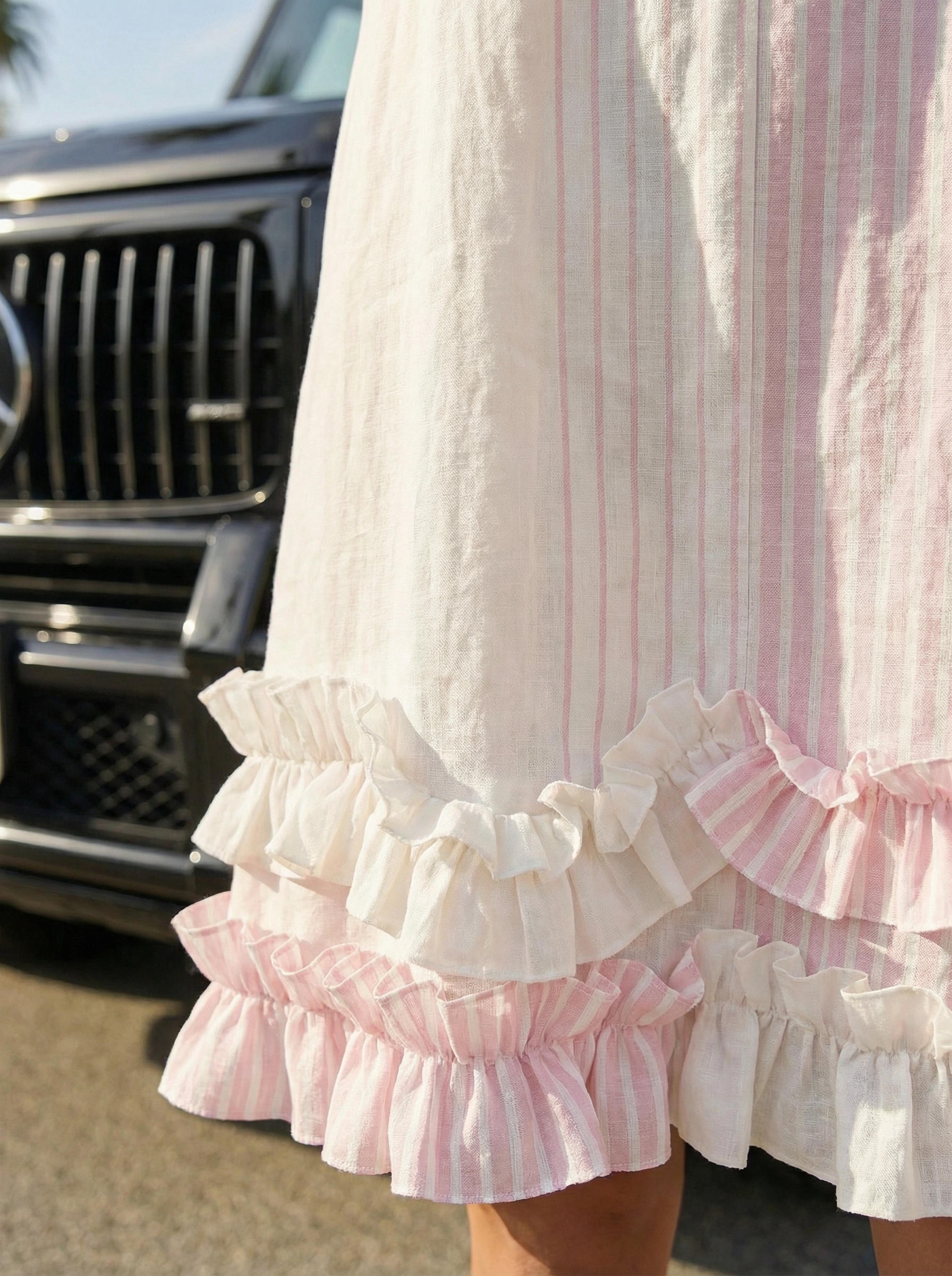 Midi Striped Pink Linen Dress with Ruffled Hem