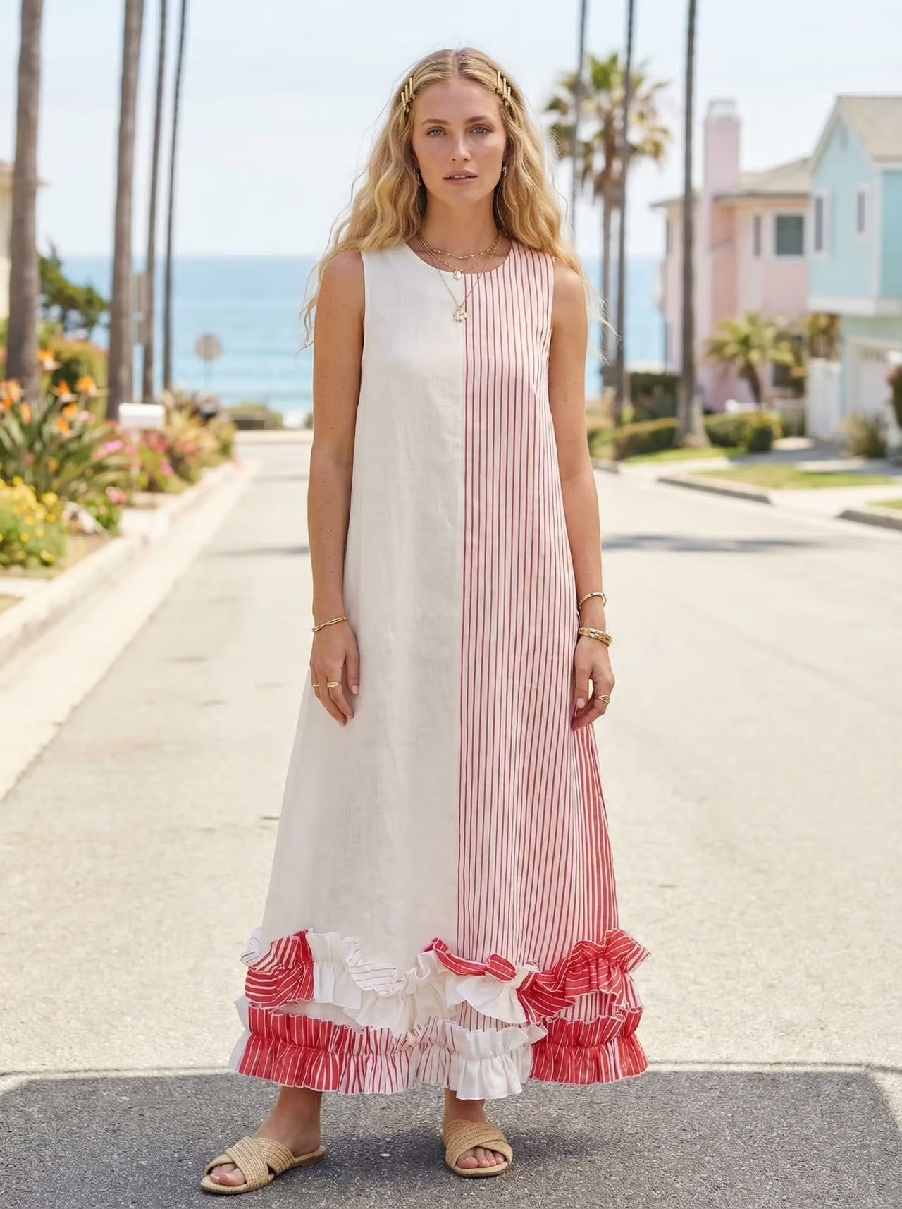 Maxi Striped Coral Red Linen Dress with Ruffled Hem