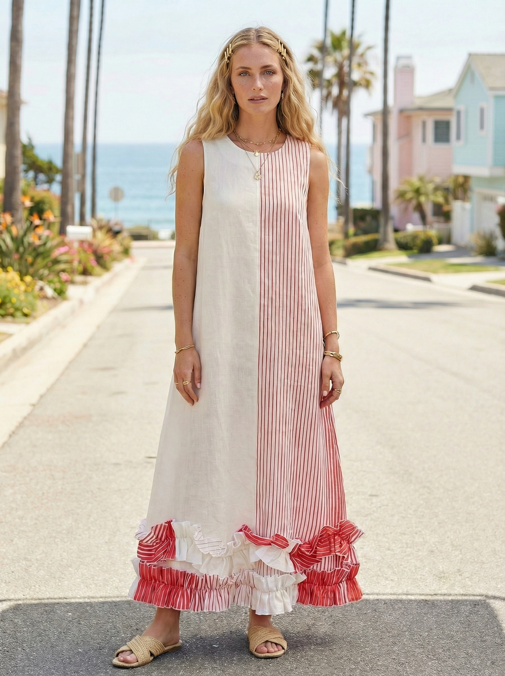 Maxi Striped Coral Red Linen Dress with Ruffled Hem