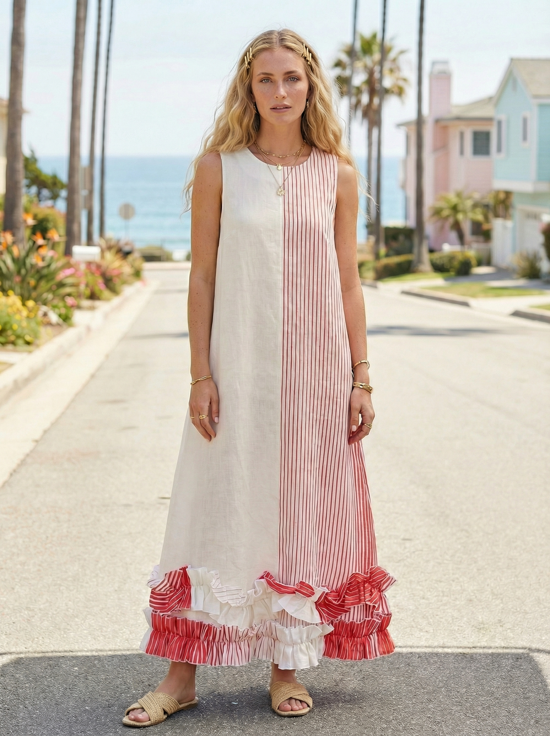 Maxi Striped Coral Red Linen Dress with Ruffled Hem