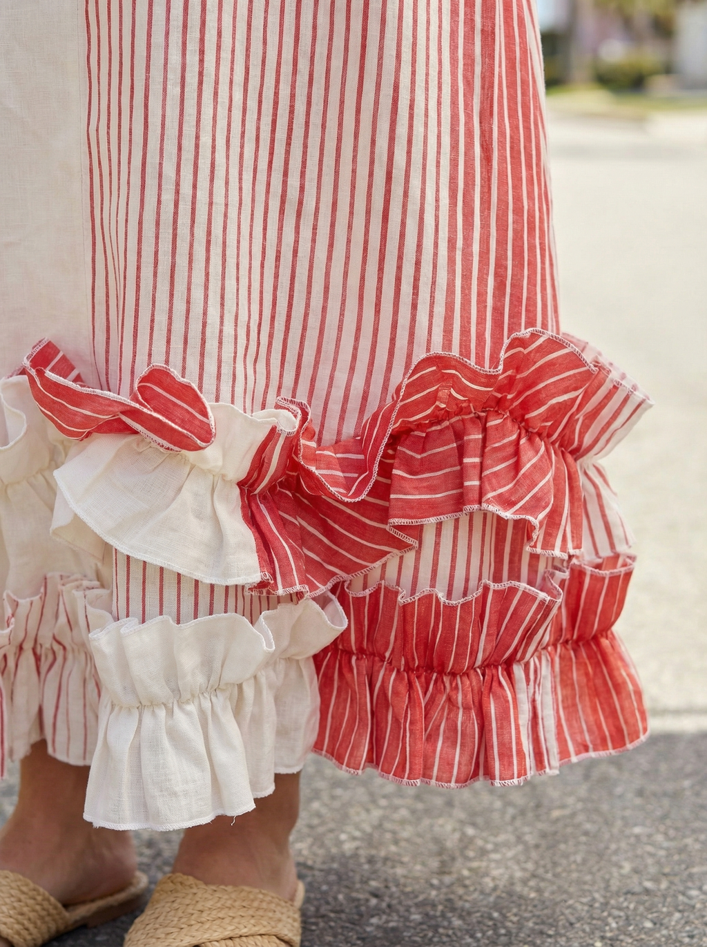 Maxi Striped Coral Red Linen Dress with Ruffled Hem