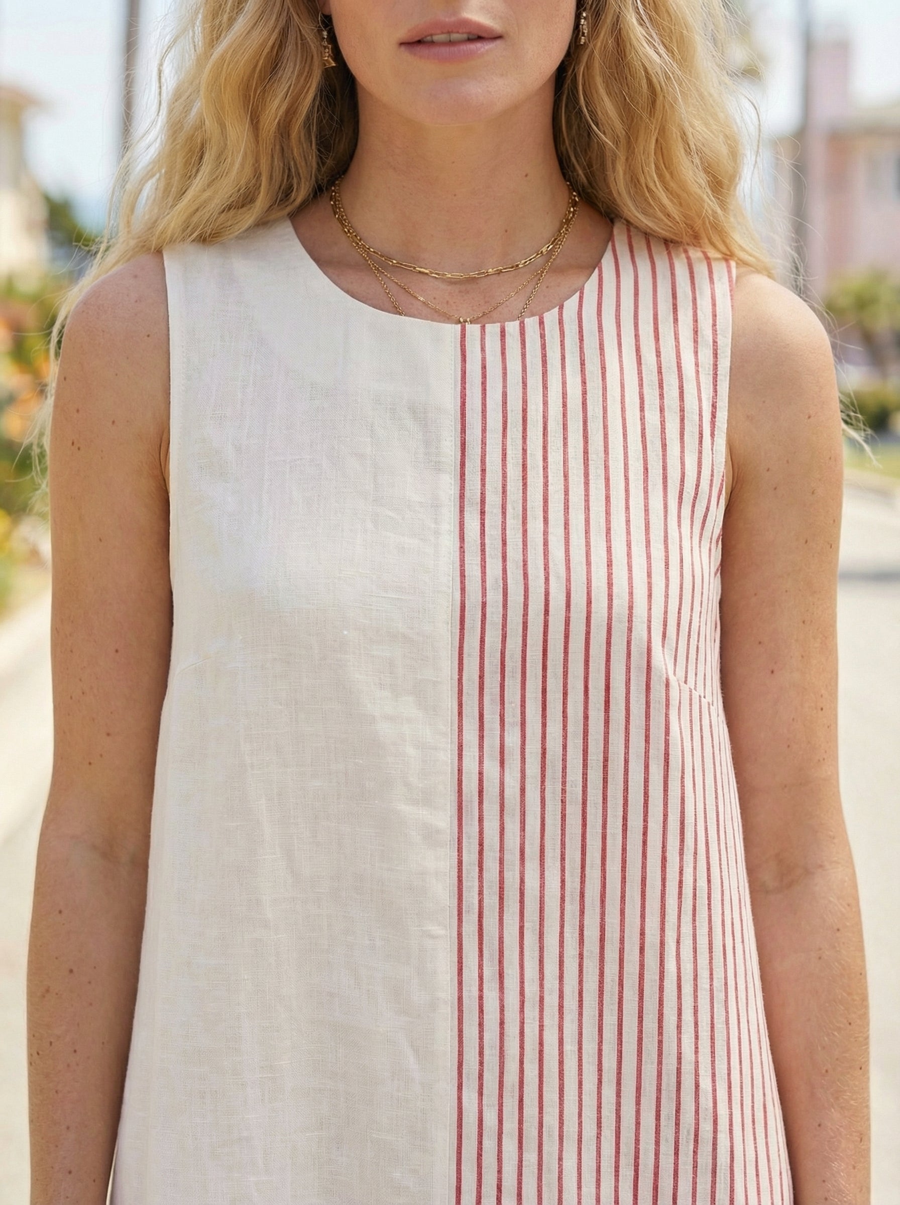 Maxi Striped Coral Red Linen Dress with Ruffled Hem