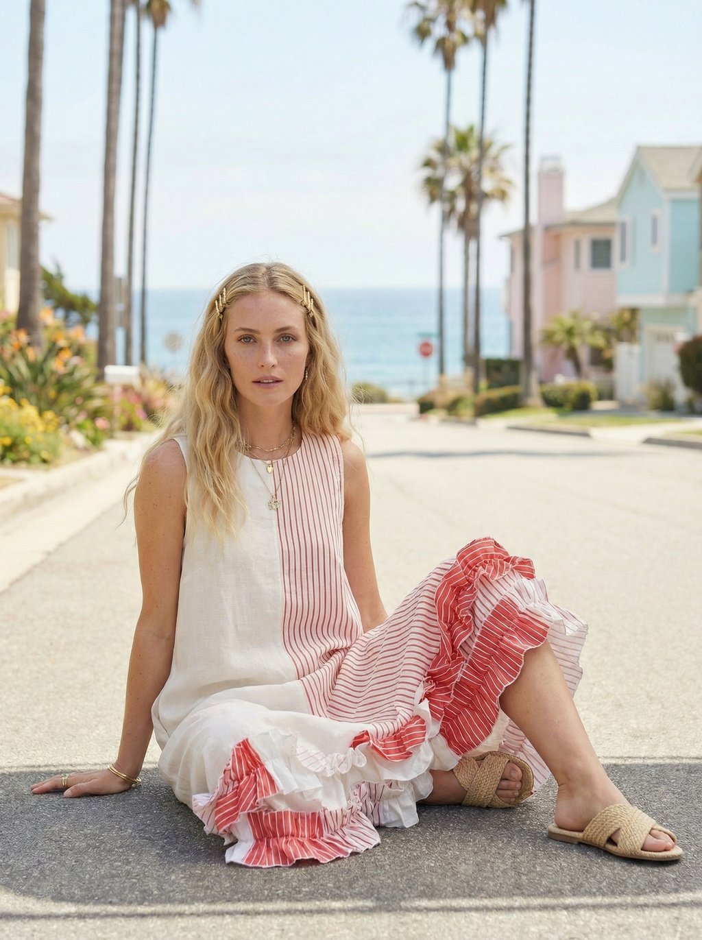 Maxi Striped Coral Red Linen Dress with Ruffled Hem