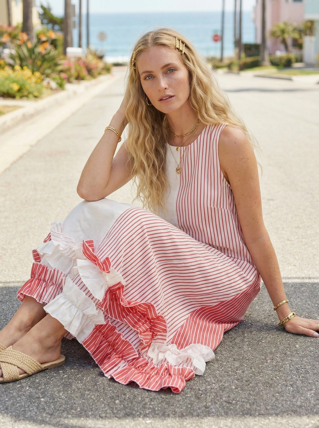 Maxi Striped Coral Red Linen Dress with Ruffled Hem