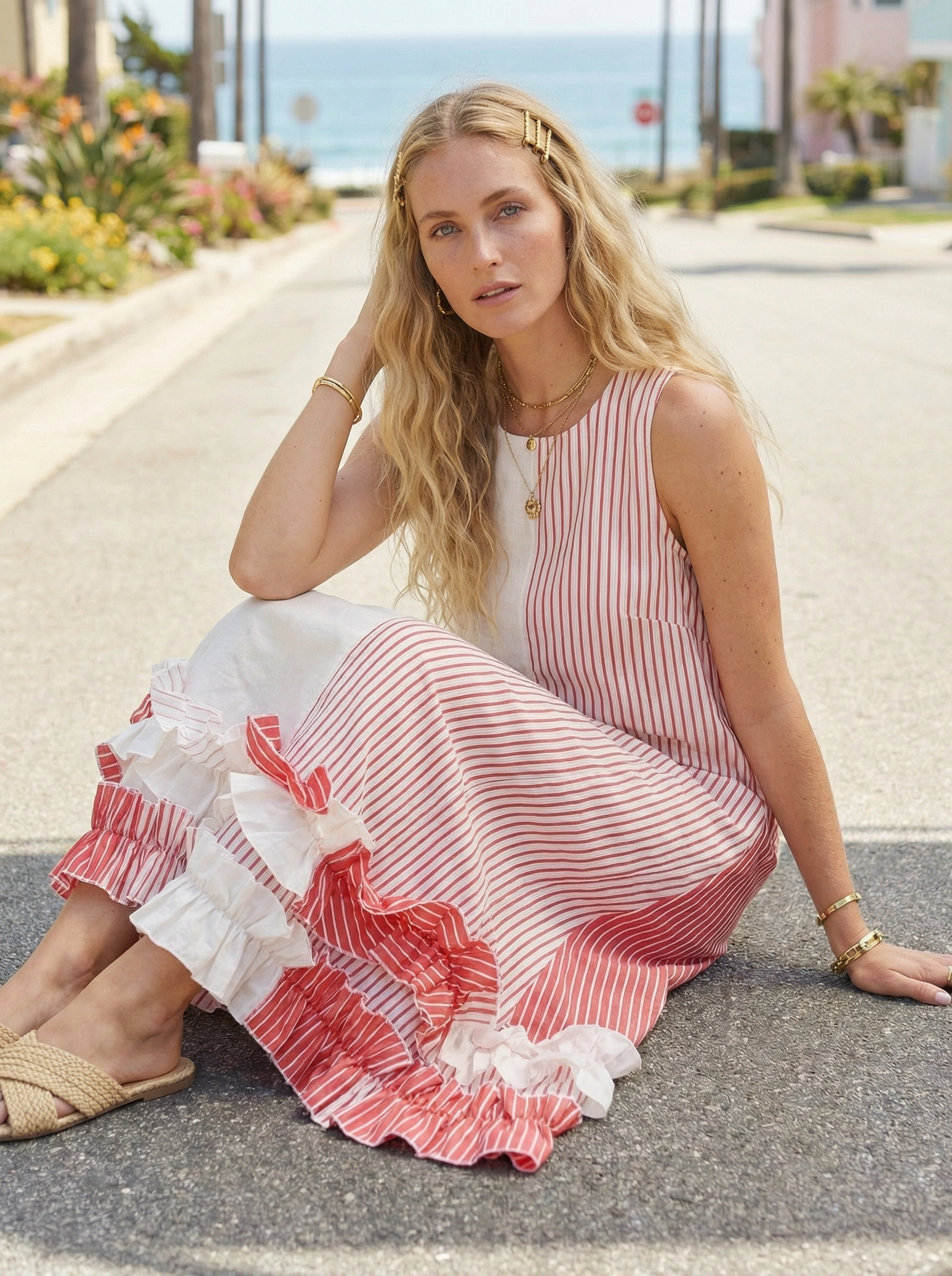 Maxi Striped Coral Red Linen Dress with Ruffled Hem