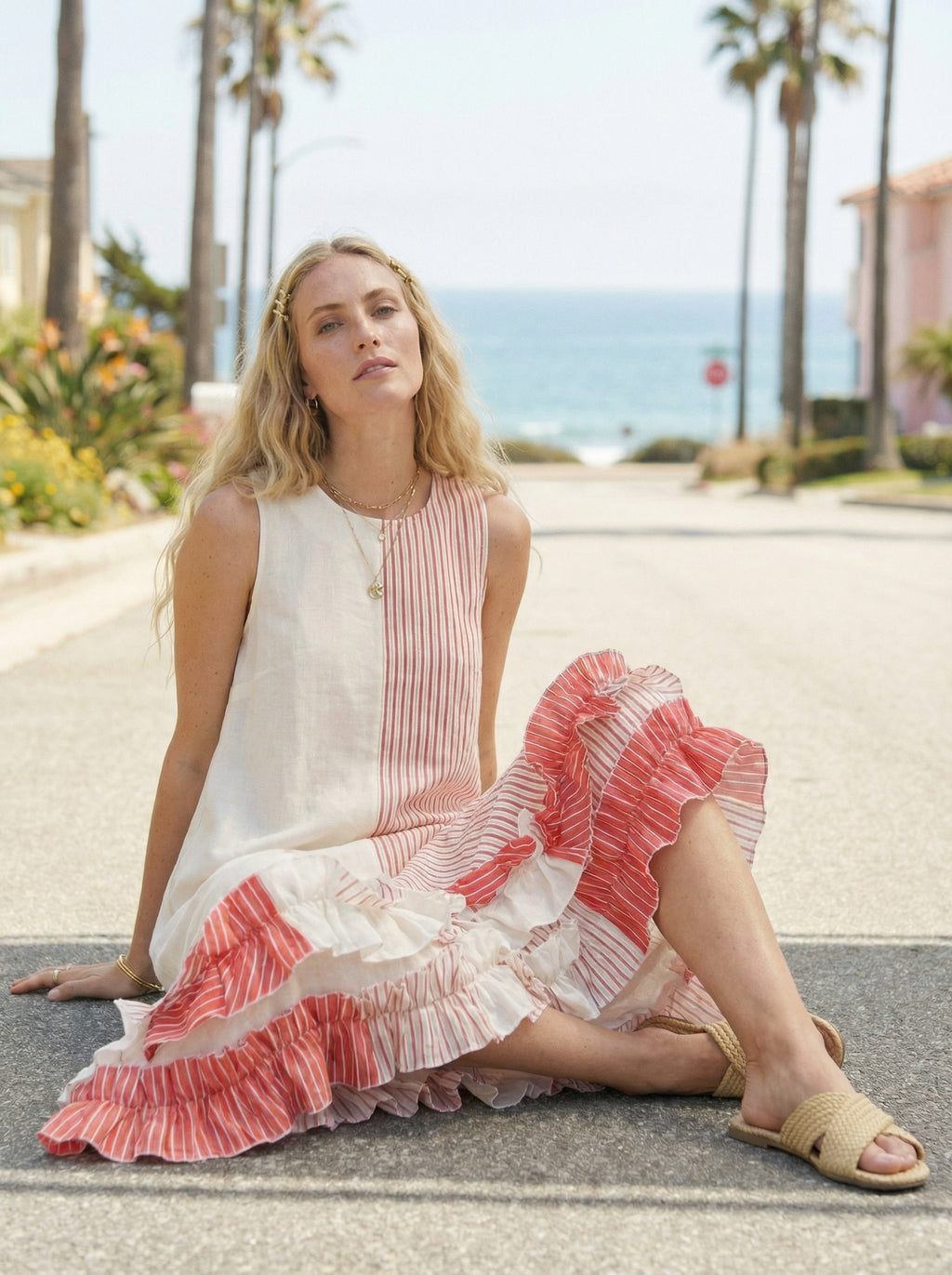 Maxi Striped Coral Red Linen Dress with Ruffled Hem