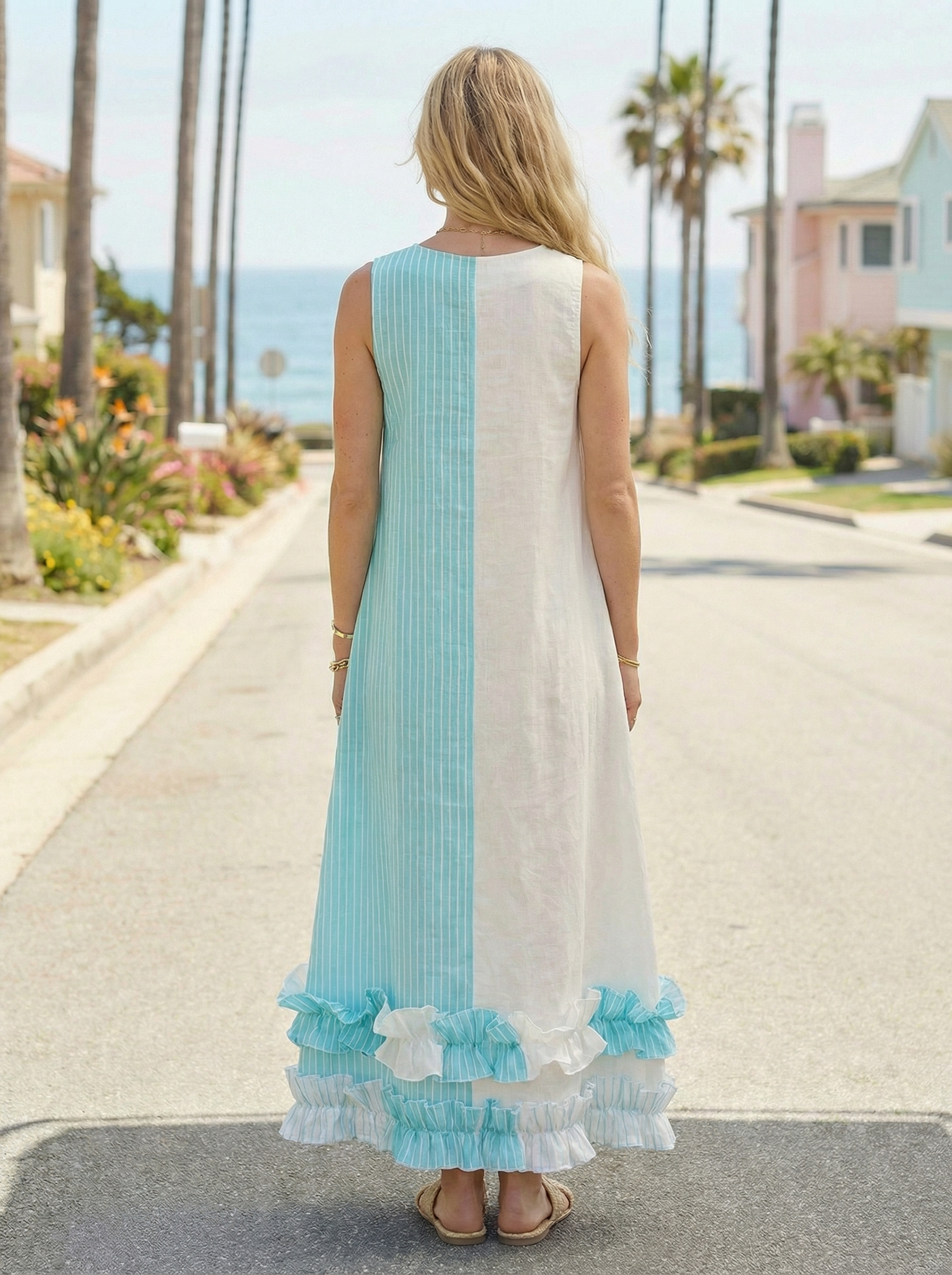 Maxi Striped Turquoise Light Blue Linen Dress with Ruffled Hem