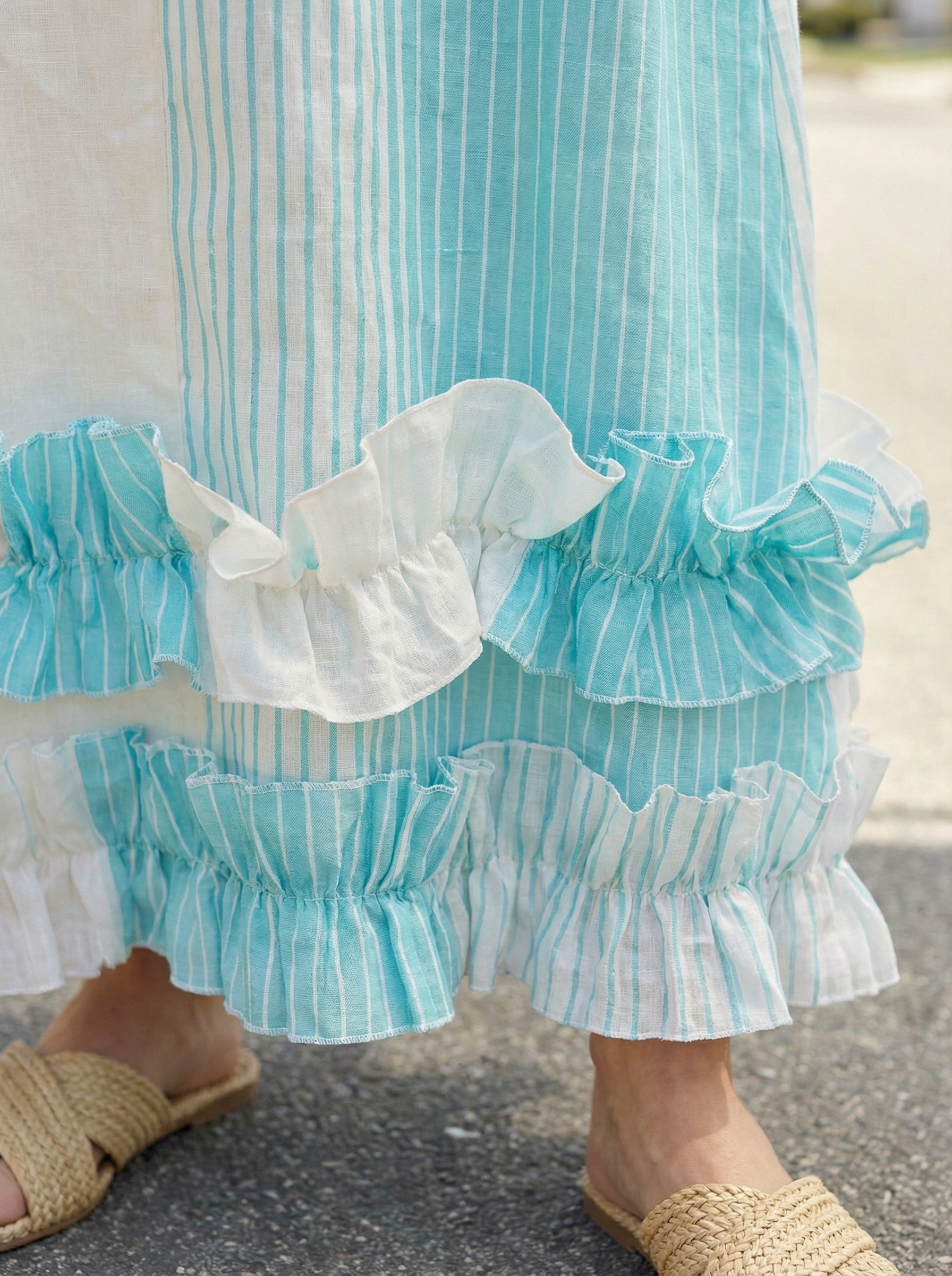 Maxi Striped Turquoise Light Blue Linen Dress with Ruffled Hem