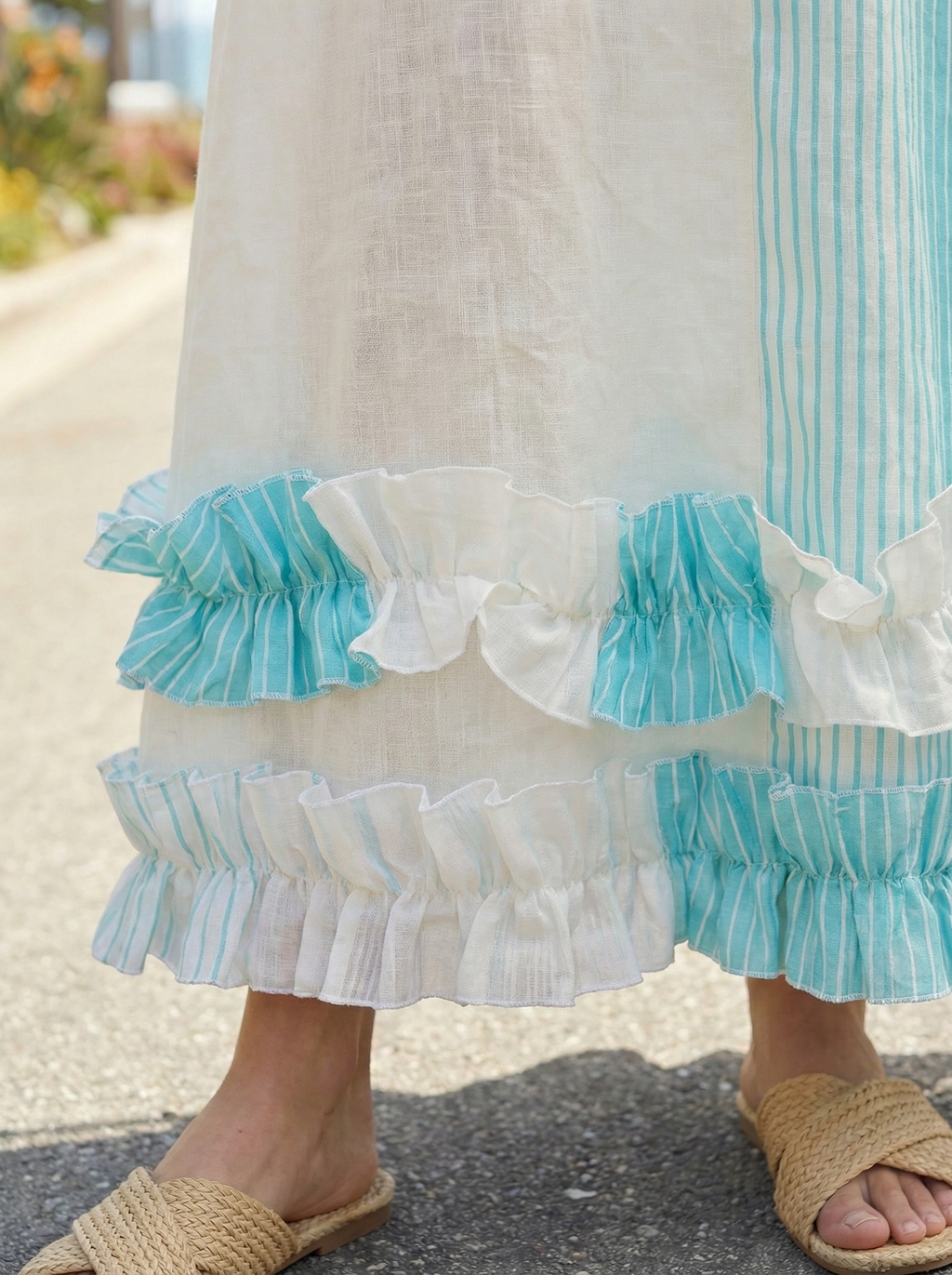 Maxi Striped Turquoise Light Blue Linen Dress with Ruffled Hem