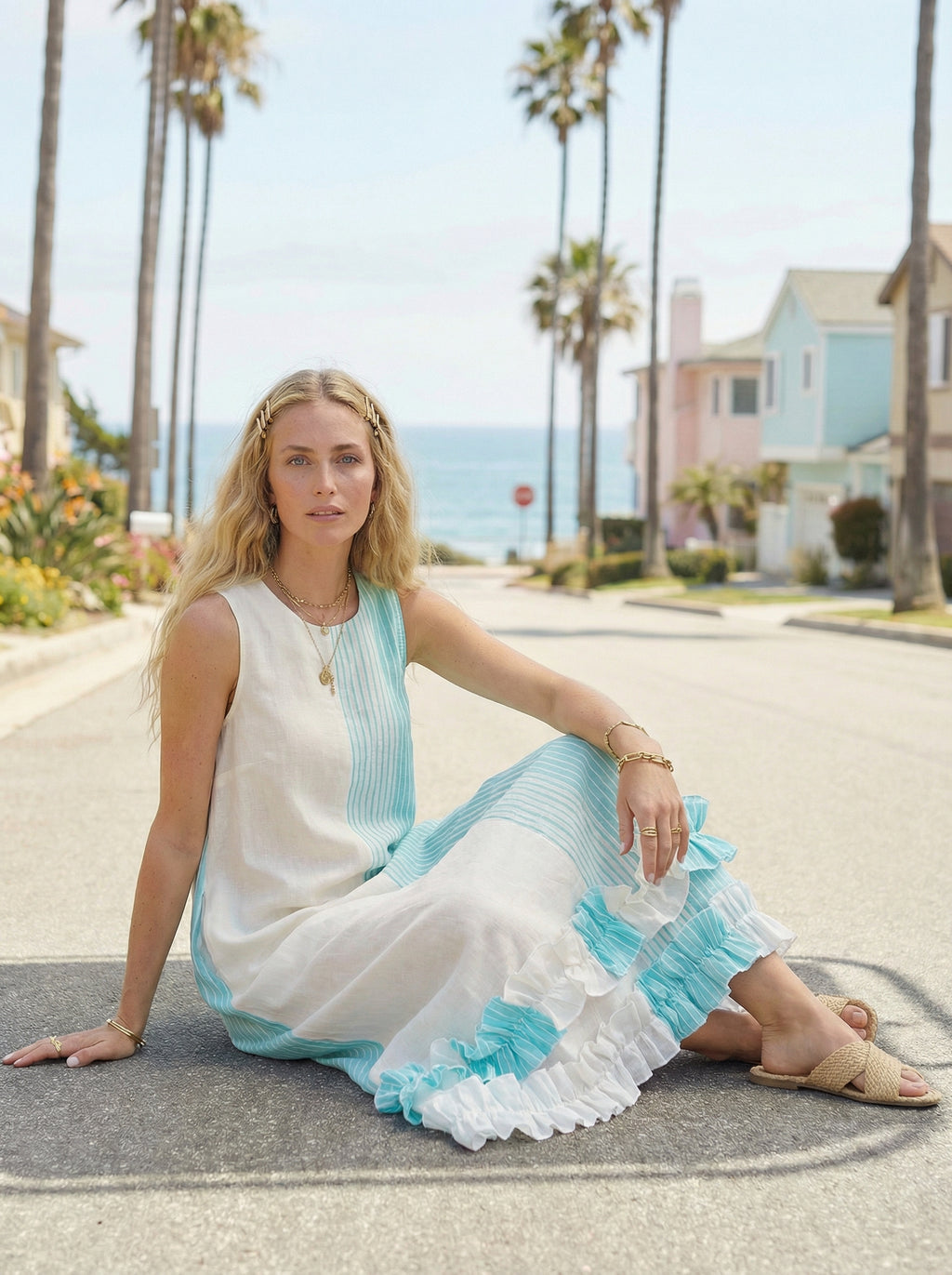 Maxi Striped Turquoise Light Blue Linen Dress with Ruffled Hem