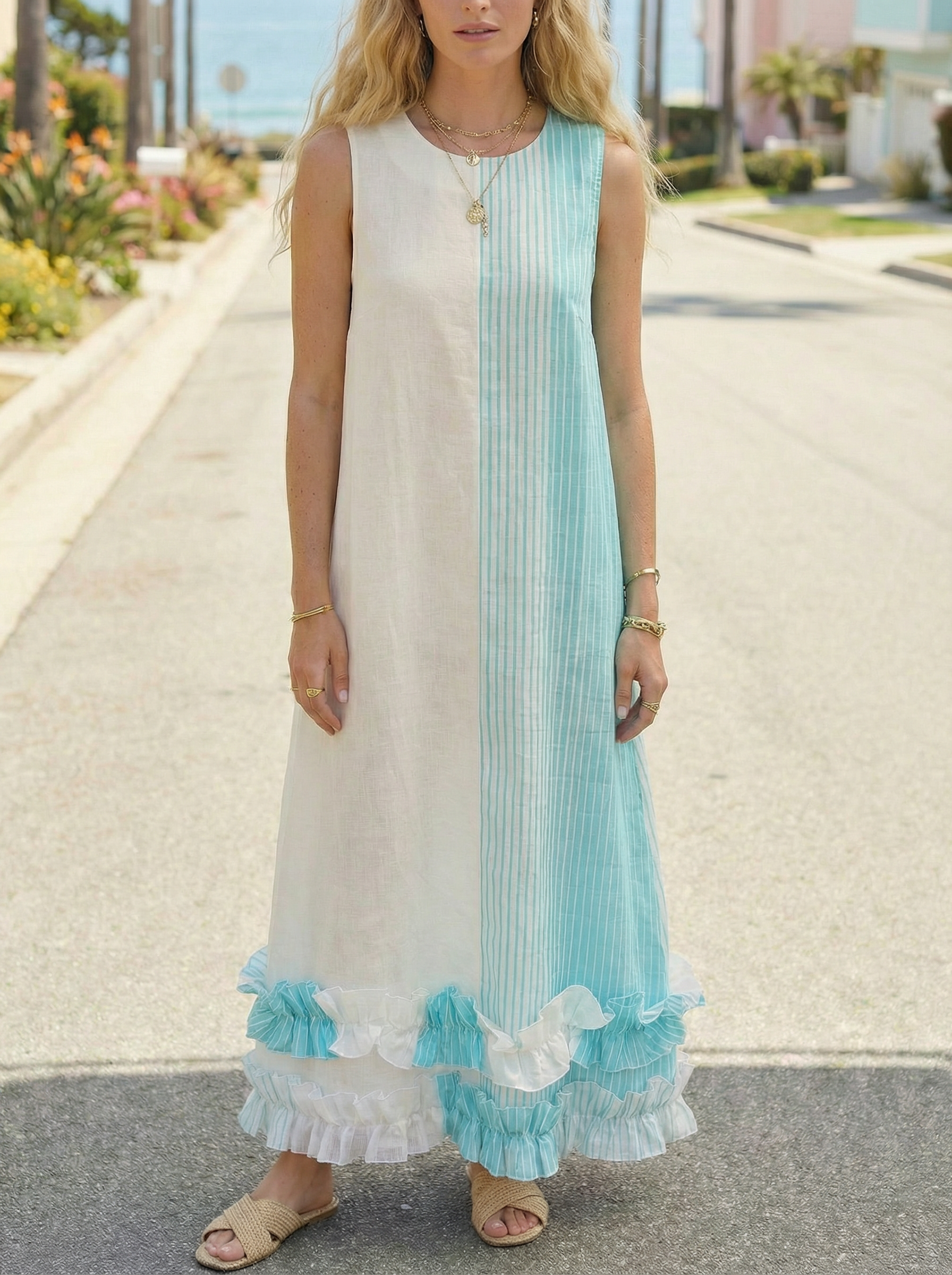 Maxi Striped Turquoise Light Blue Linen Dress with Ruffled Hem