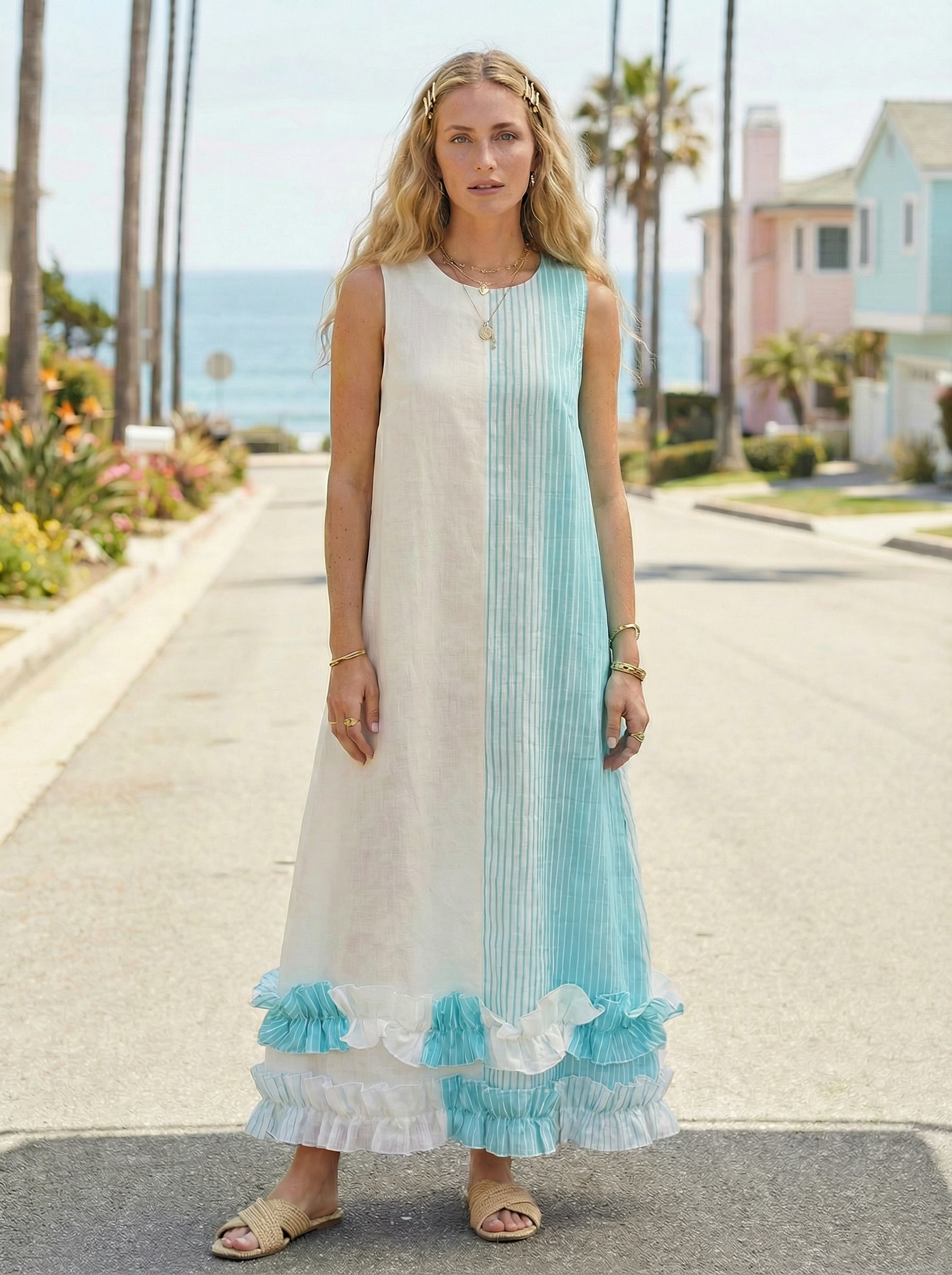 Maxi Striped Turquoise Light Blue Linen Dress with Ruffled Hem
