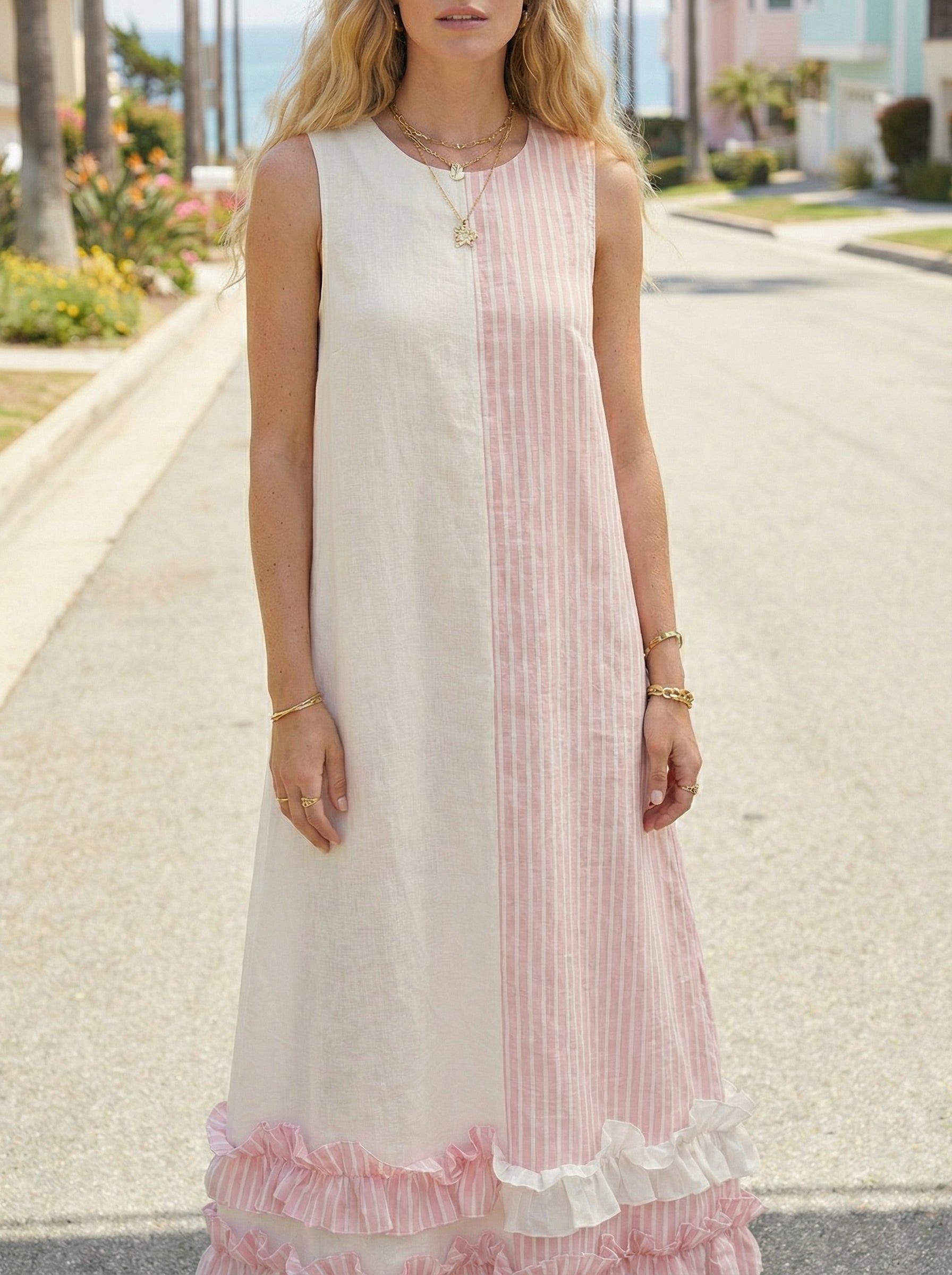 Maxi Striped Pink Linen Dress with Ruffled Hem