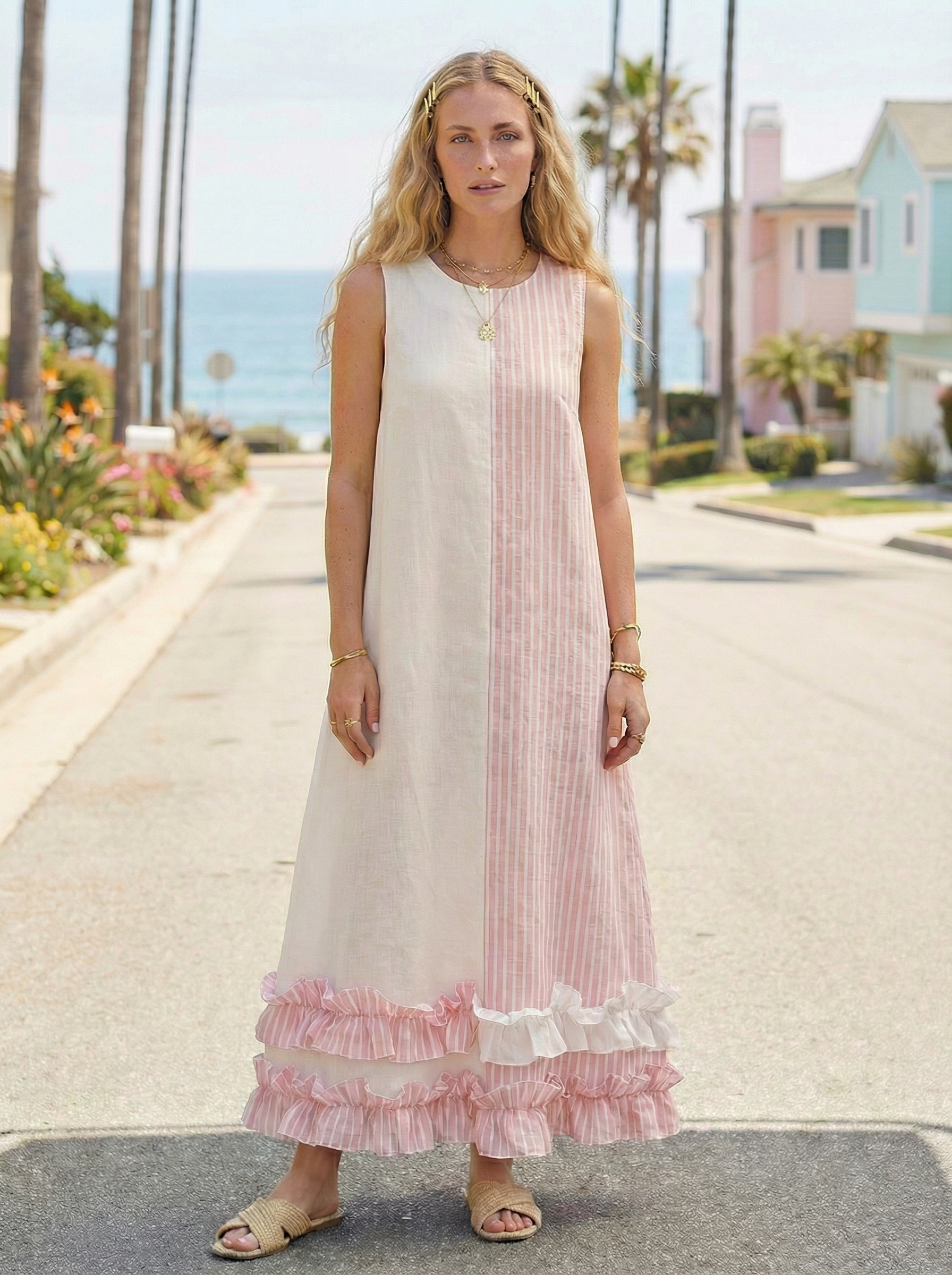 Maxi Striped Pink Linen Dress with Ruffled Hem