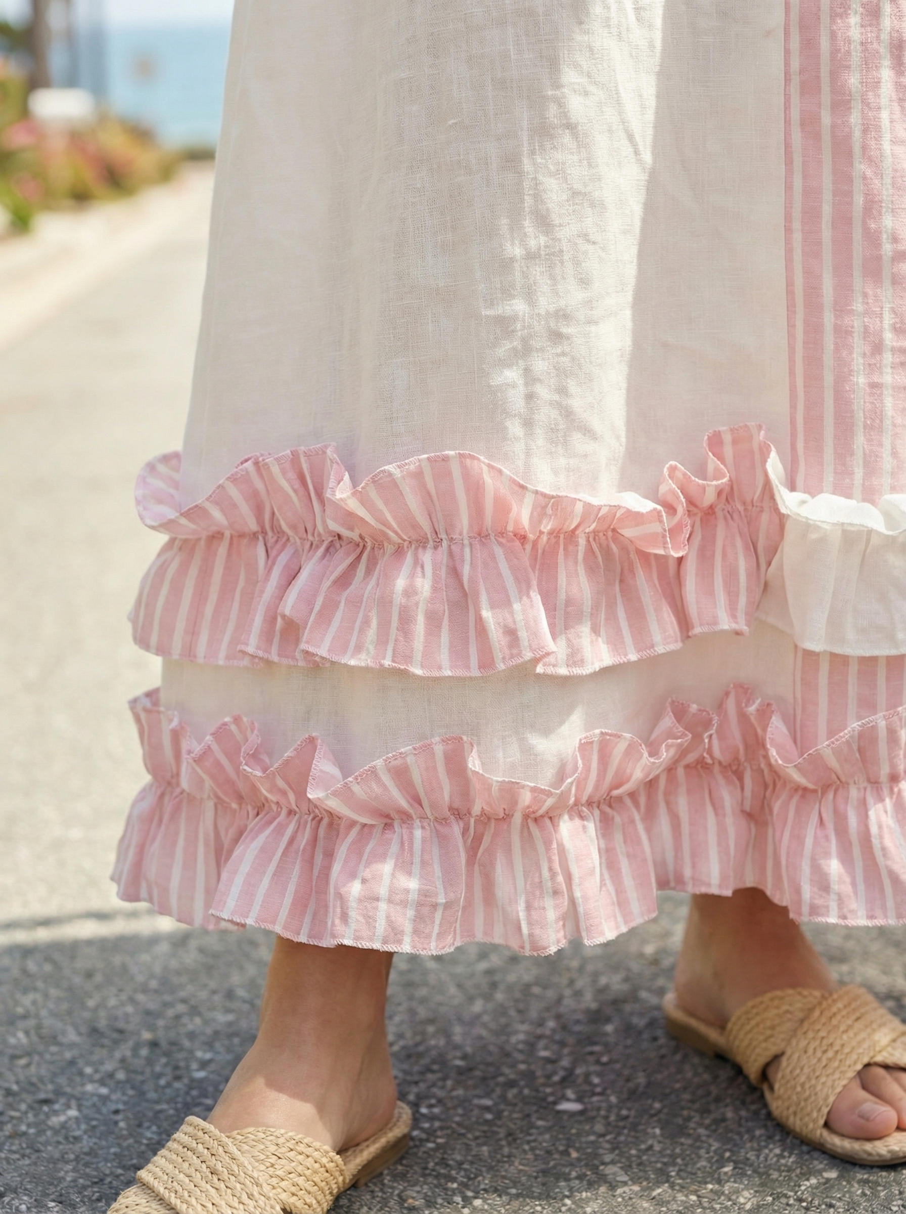 Maxi Striped Pink Linen Dress with Ruffled Hem