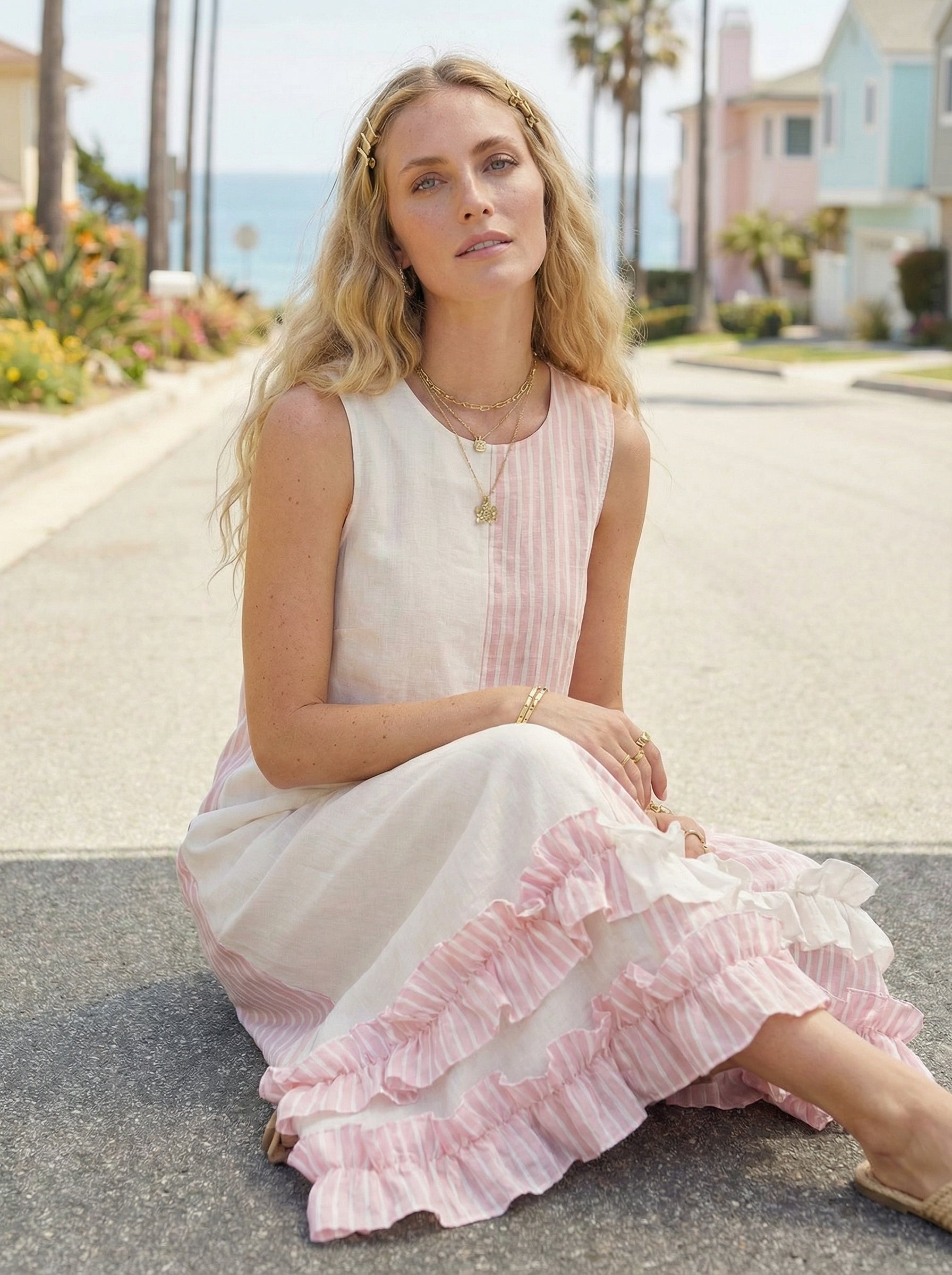 Maxi Striped Pink Linen Dress with Ruffled Hem