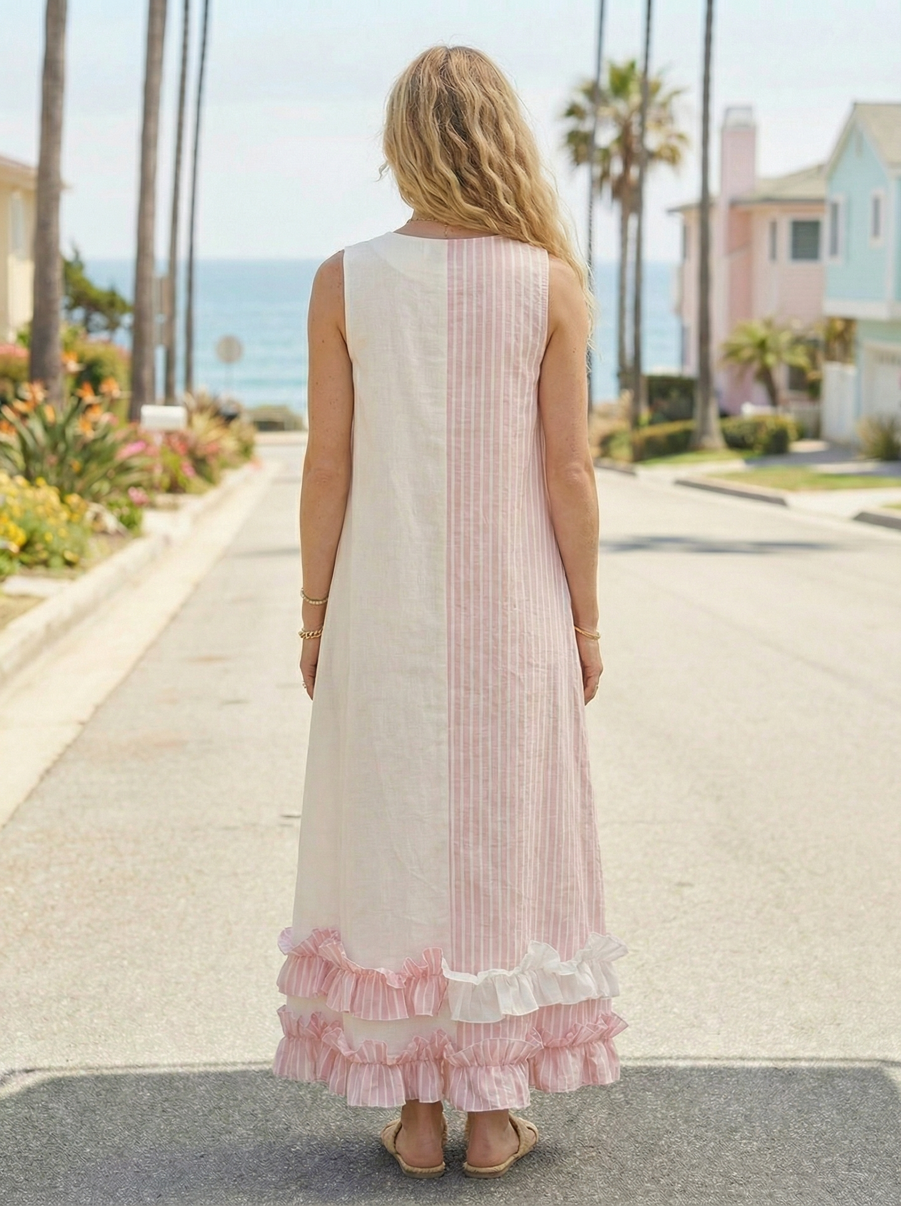 Maxi Striped Pink Linen Dress with Ruffled Hem