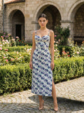 Cotton Corset Maxi Blue Floral Dress with Side Slits