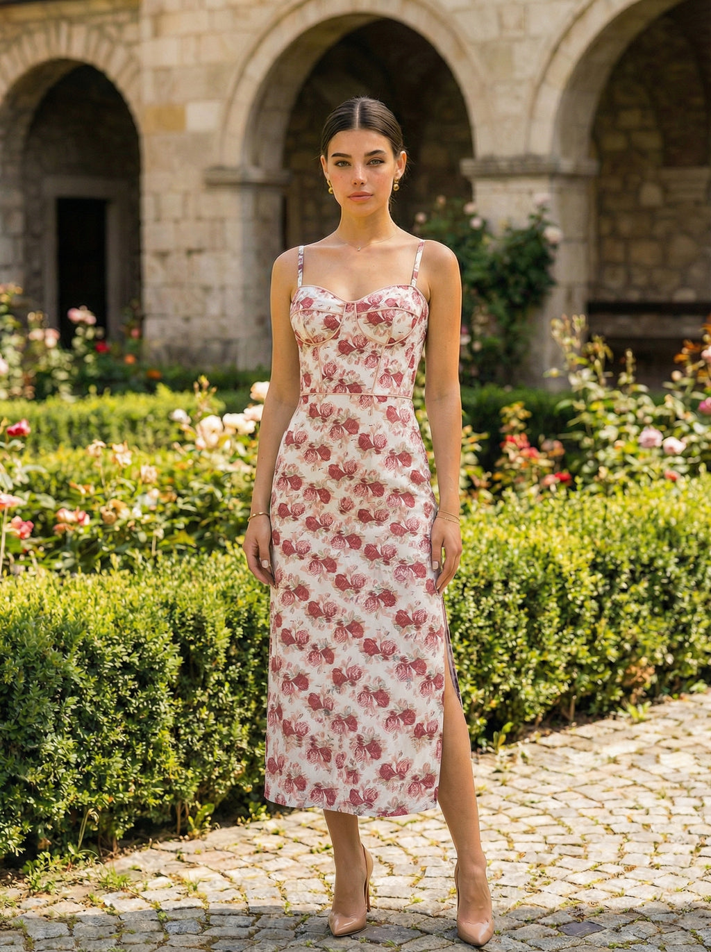 Cotton Corset Maxi Pink Floral Dress with Side Slits