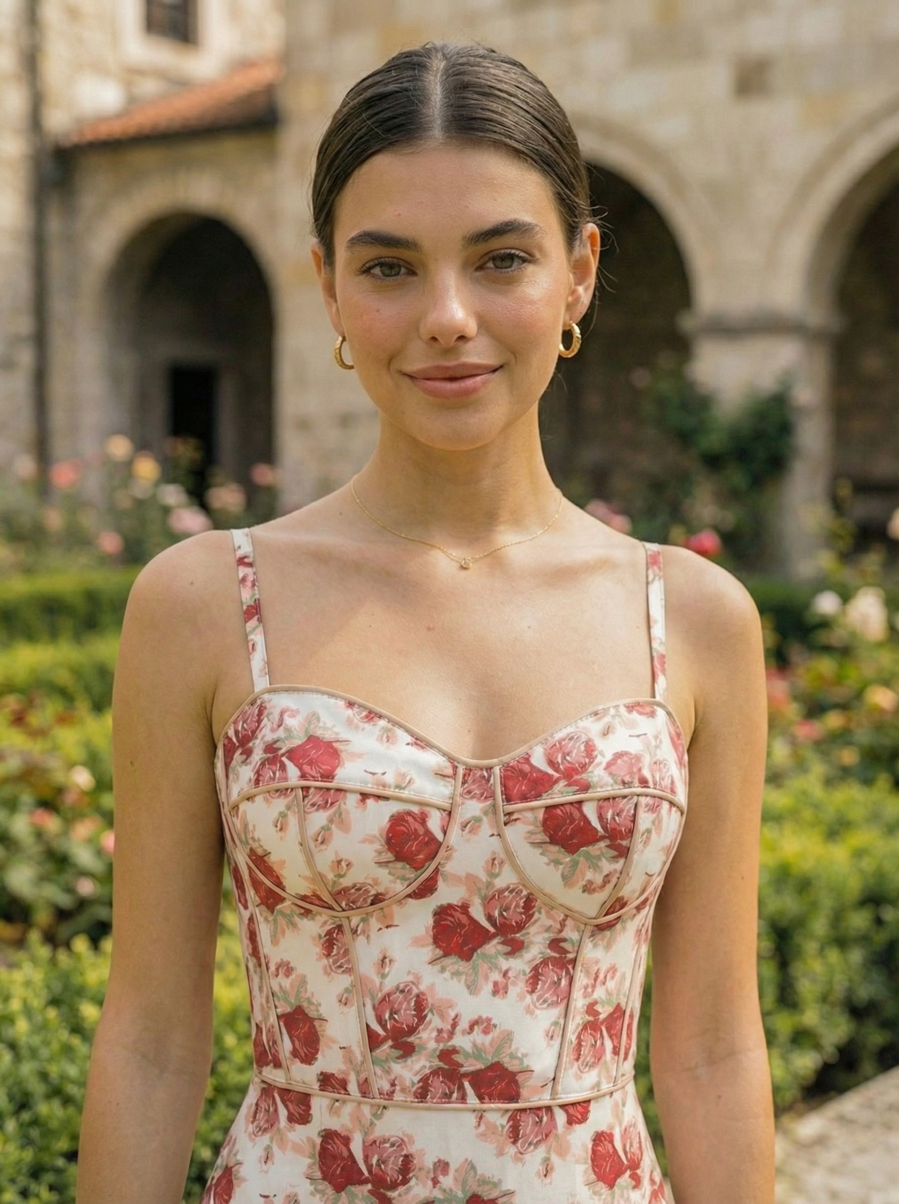 Cotton Corset Maxi Pink Floral Dress with Side Slits