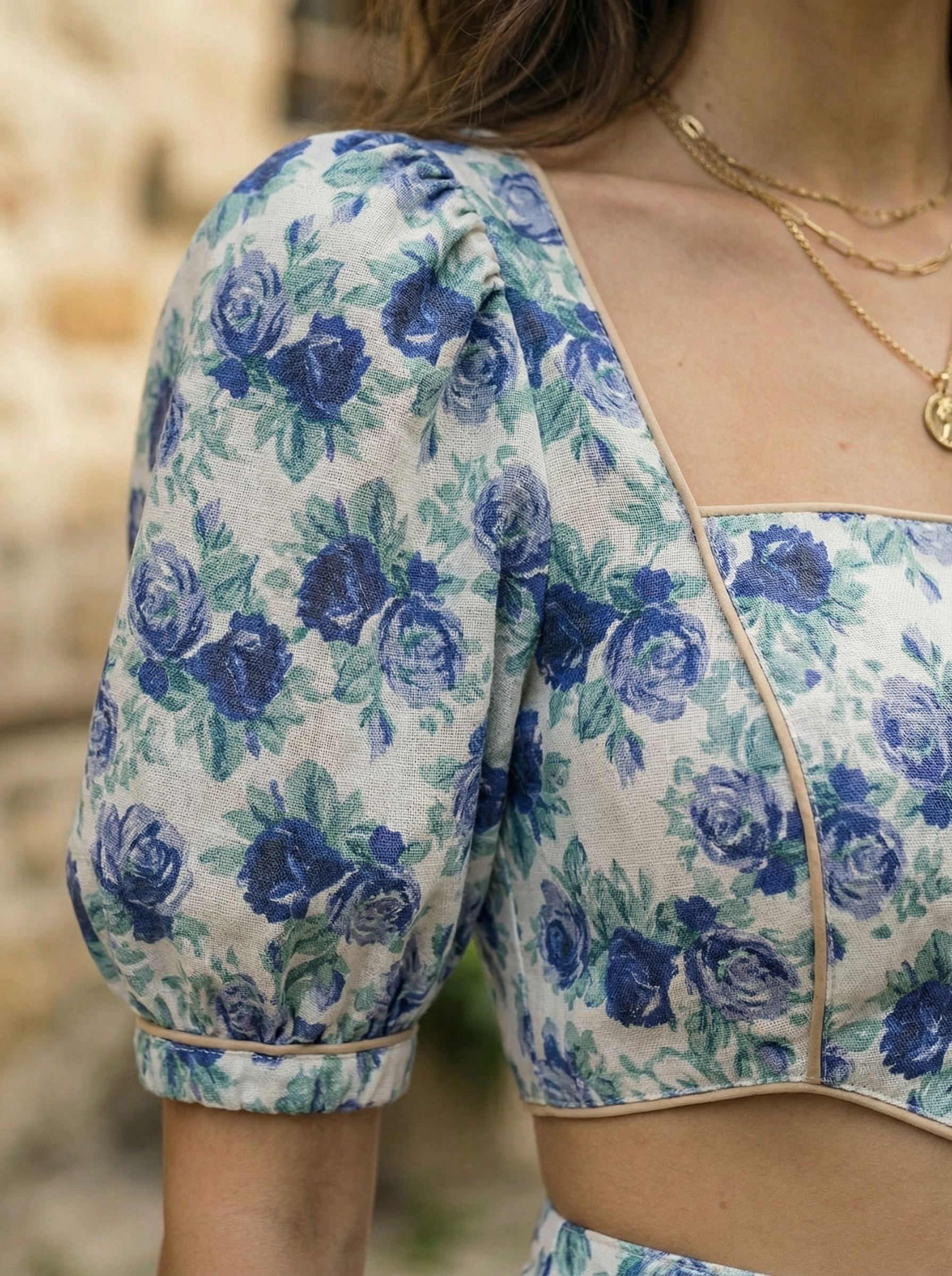 Cotton Blue Floral Set of Cropped Top & High-Waisted Shorts