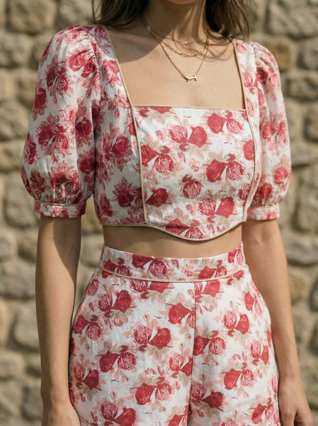 Cotton Pink Floral Set of Cropped Top & High-Waisted Shorts