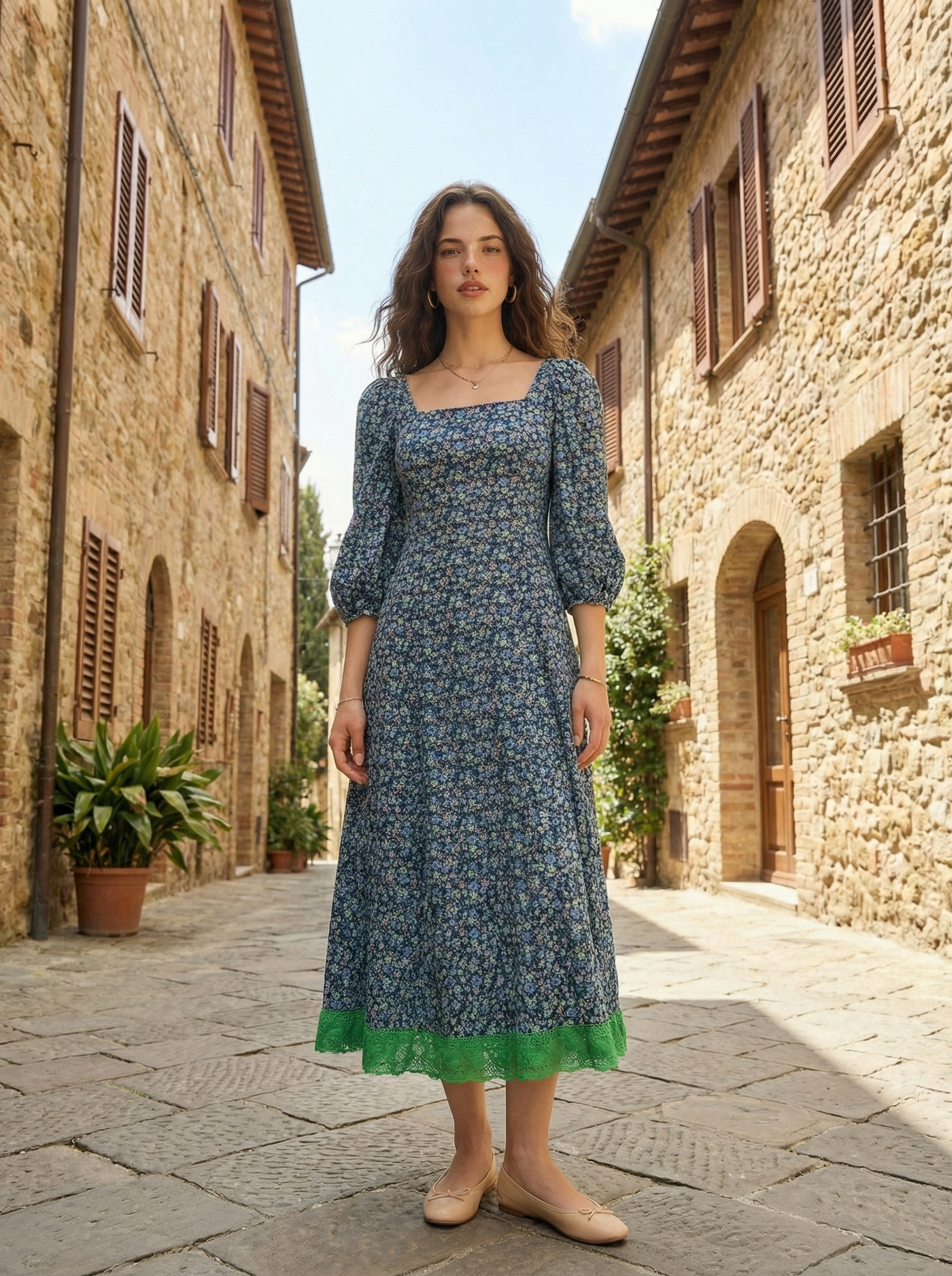 Cotton Floral Dress with Lace Trim