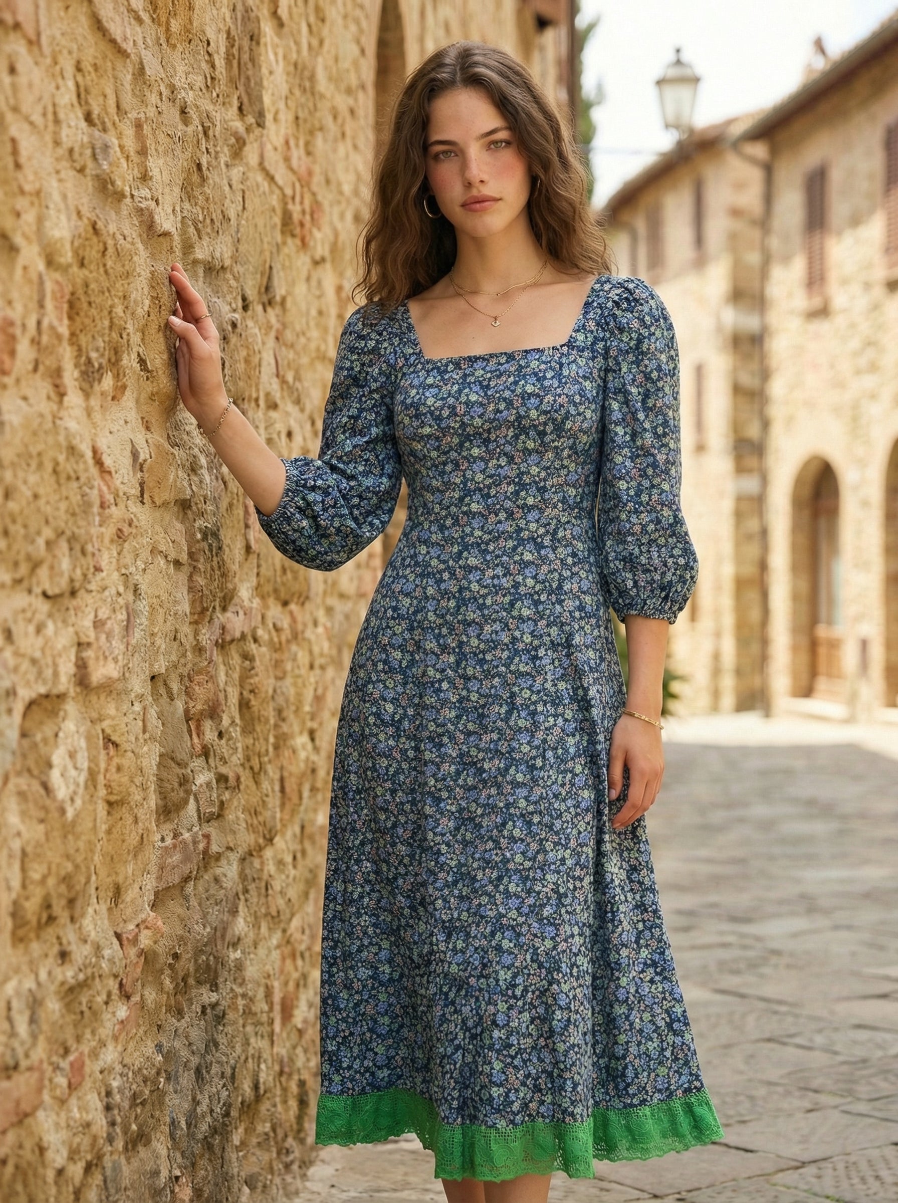 Cotton Floral Dress with Lace Trim