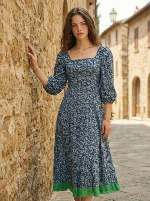 Cotton Floral Dress with Lace Trim