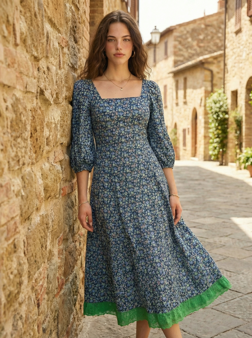 Cotton Floral Dress with Lace Trim