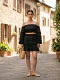 Cotton Off-Shoulder Black Crop Top and Mini Skirt with Green Lining