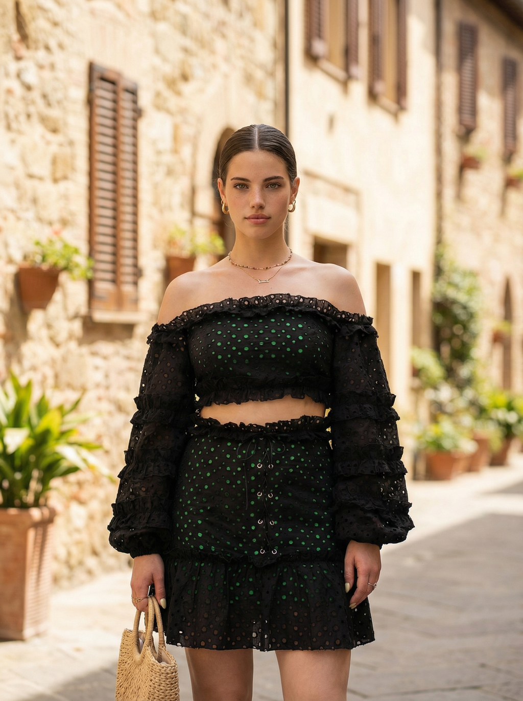 Cotton Off-Shoulder Black Crop Top and Mini Skirt with Green Lining