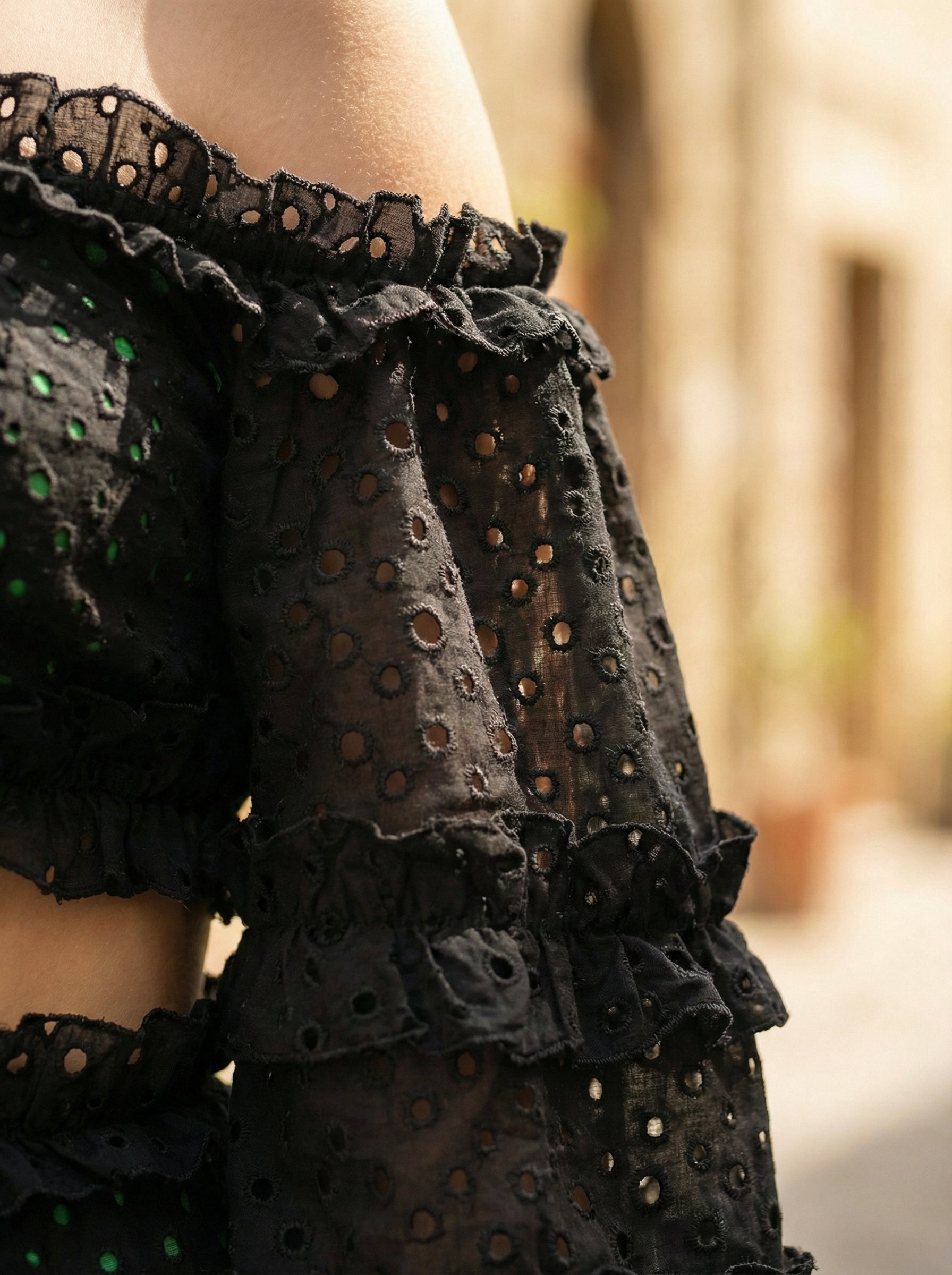 Cotton Off-Shoulder Black Crop Top and Mini Skirt with Green Lining