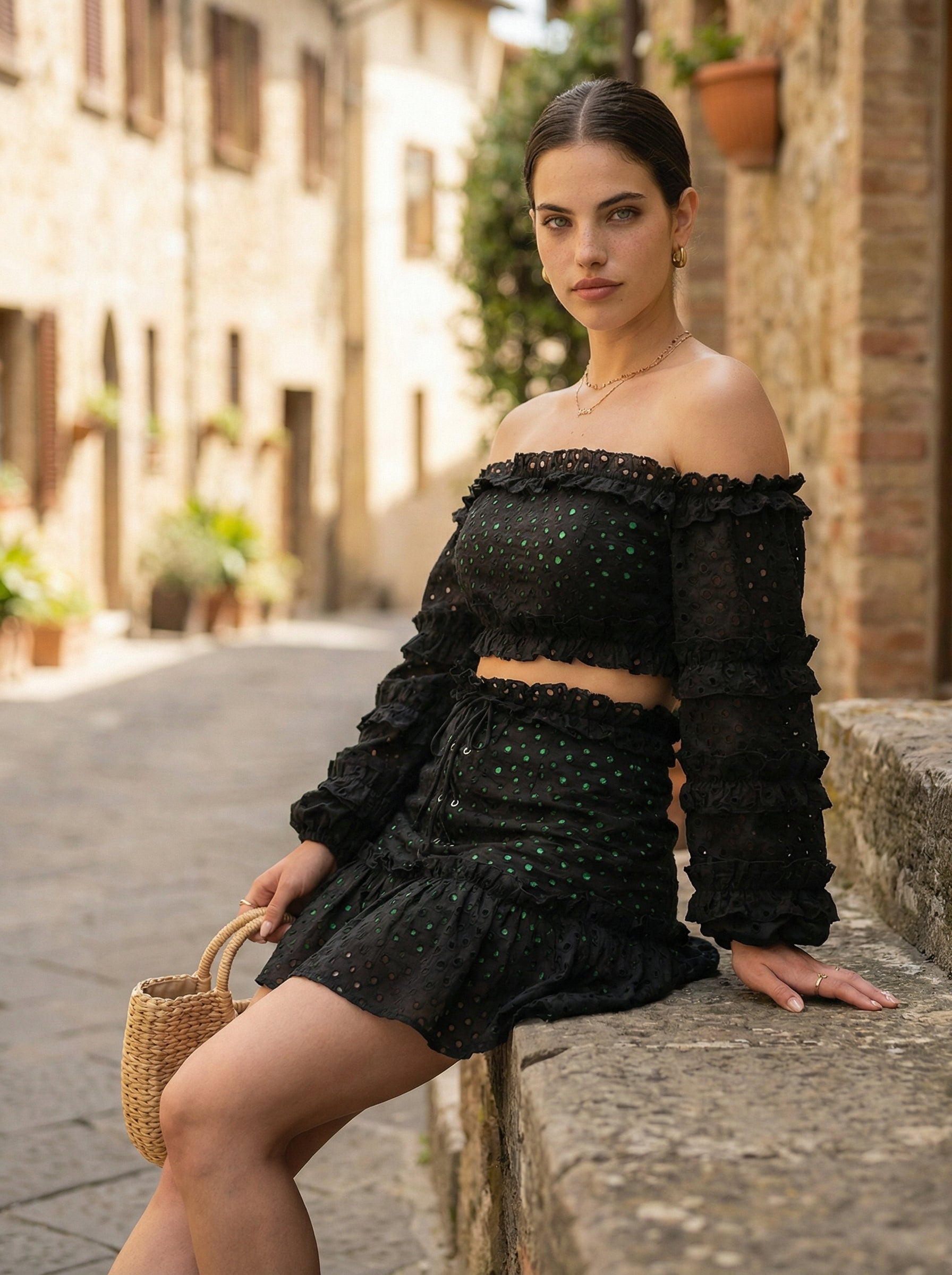 Cotton Off-Shoulder Black Crop Top and Mini Skirt with Green Lining