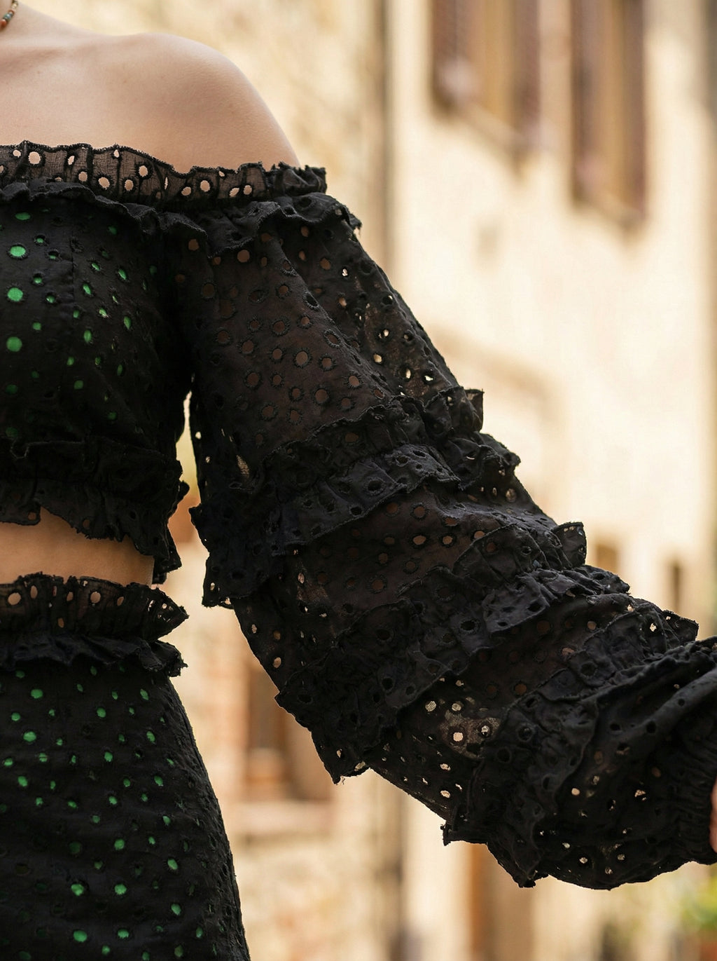 Cotton Off-Shoulder Black Crop Top and Mini Skirt with Green Lining