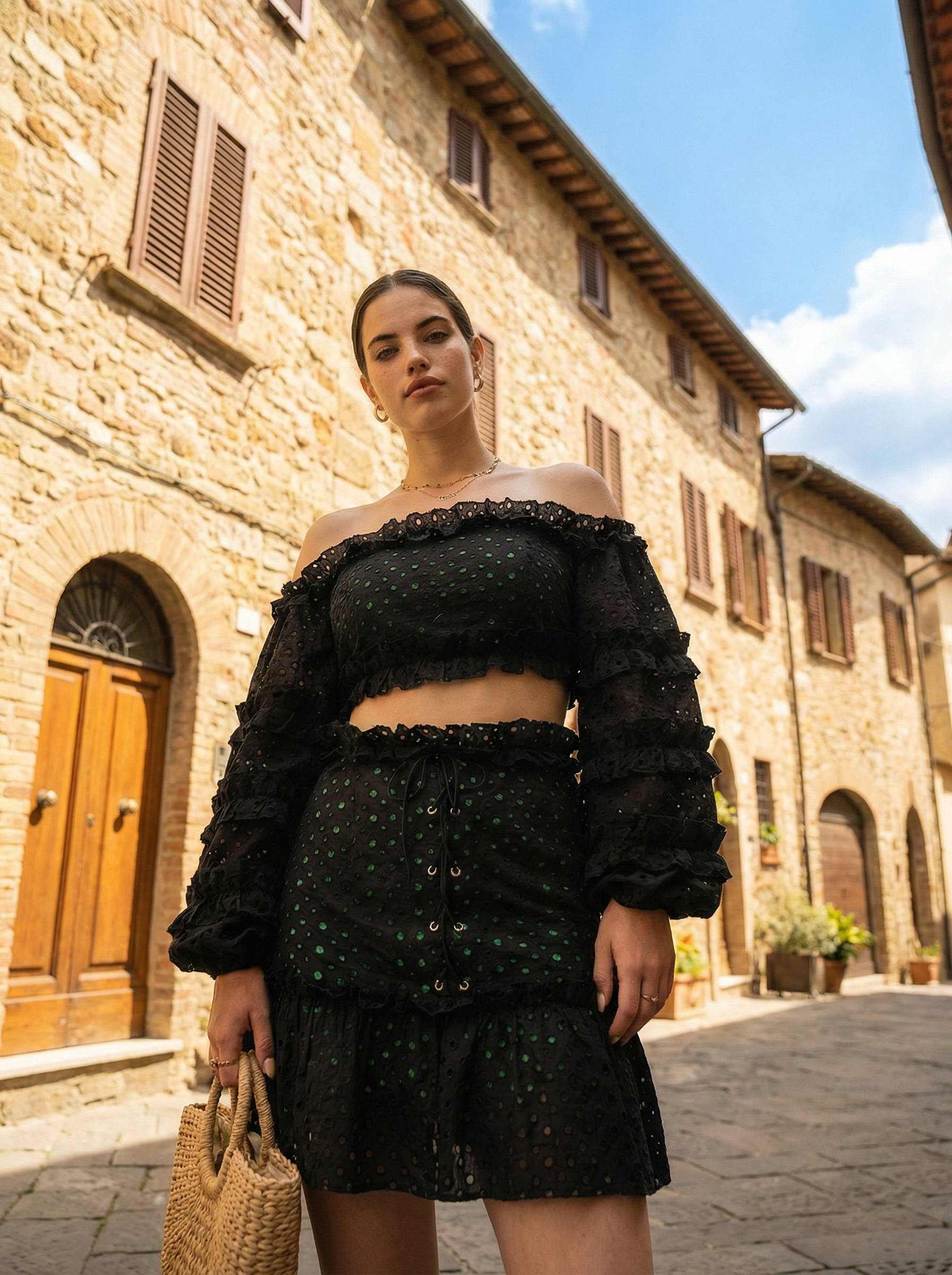 Cotton Off-Shoulder Black Crop Top and Mini Skirt with Green Lining